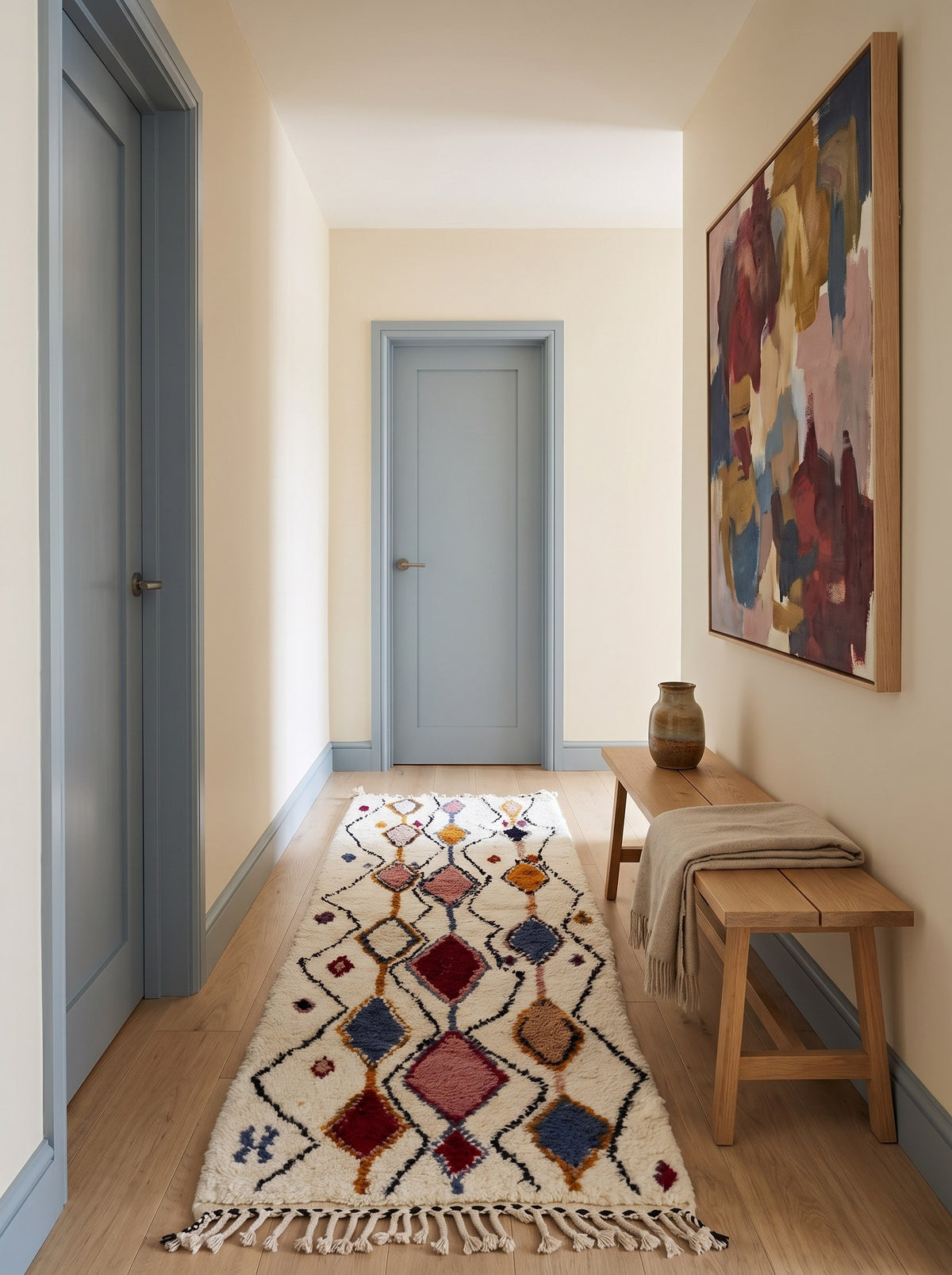 Tapis de couloir berbère à losanges blanc multicolore Anaruz dans un troisième couloir, noué main au Maroc