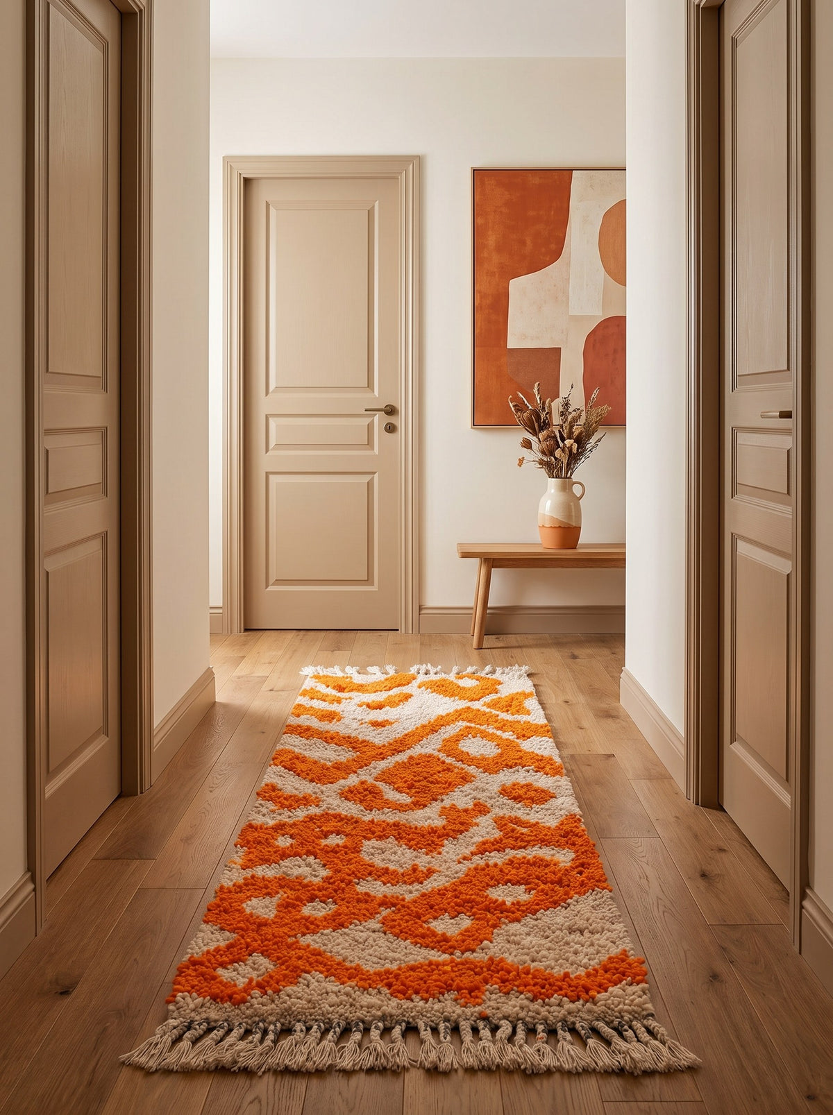 Tapis de couloir berbère à motifs orange et blanc Nazrila dans un autre couloir, noué main au Maroc