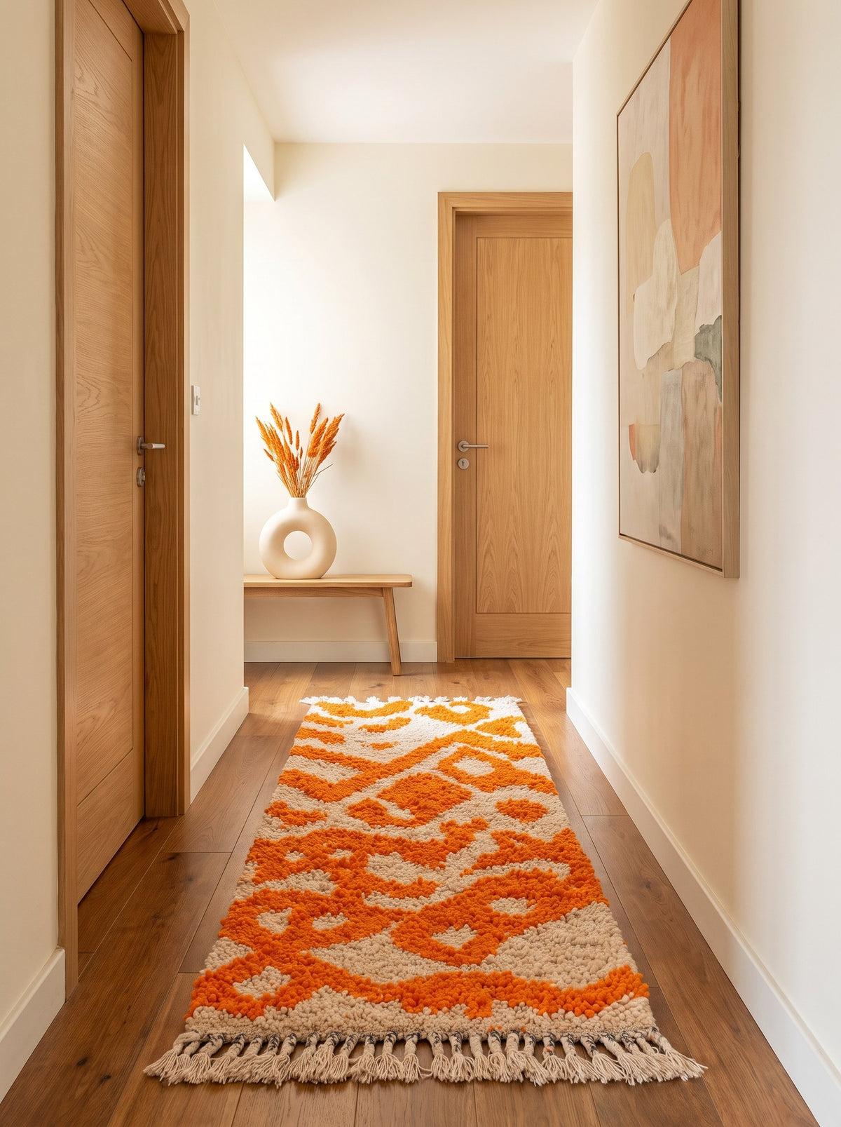 Tapis de couloir berbère à motifs orange et blanc Nazrila dans un troisième couloir, noué main au Maroc