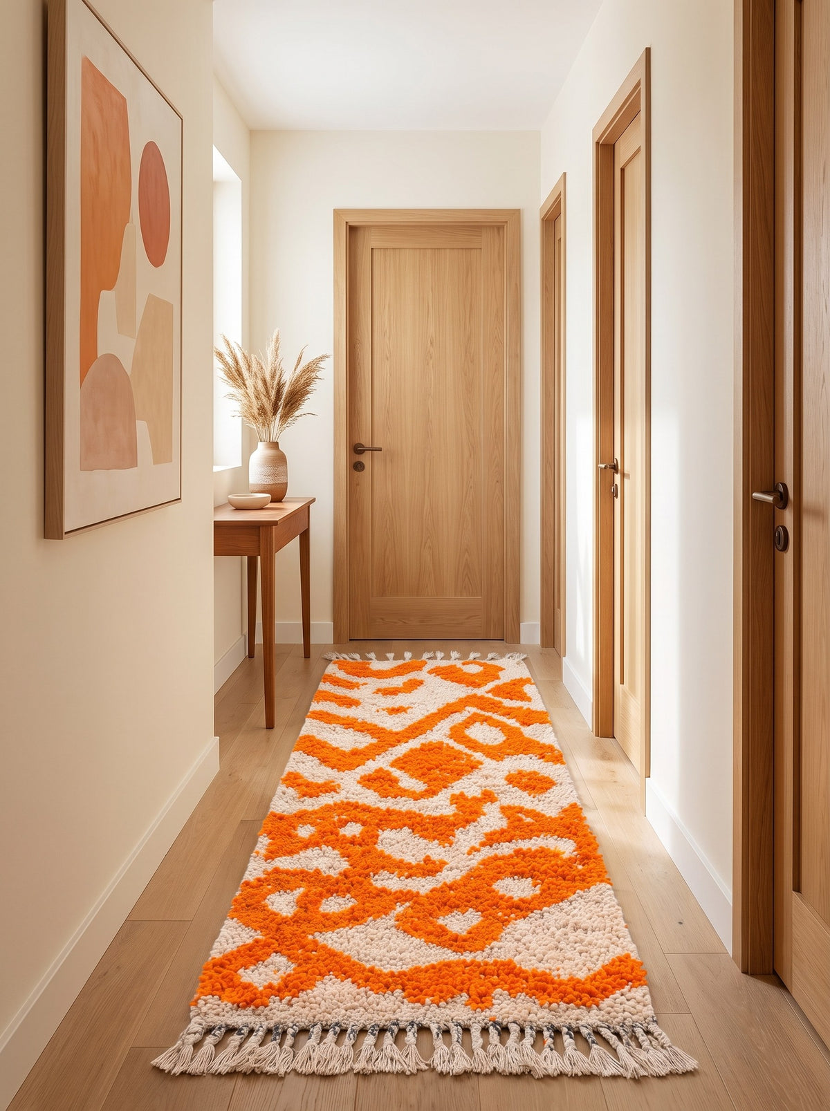 Tapis de couloir berbère à motifs orange et blanc Nazrila dans un couloir, noué main au Maroc