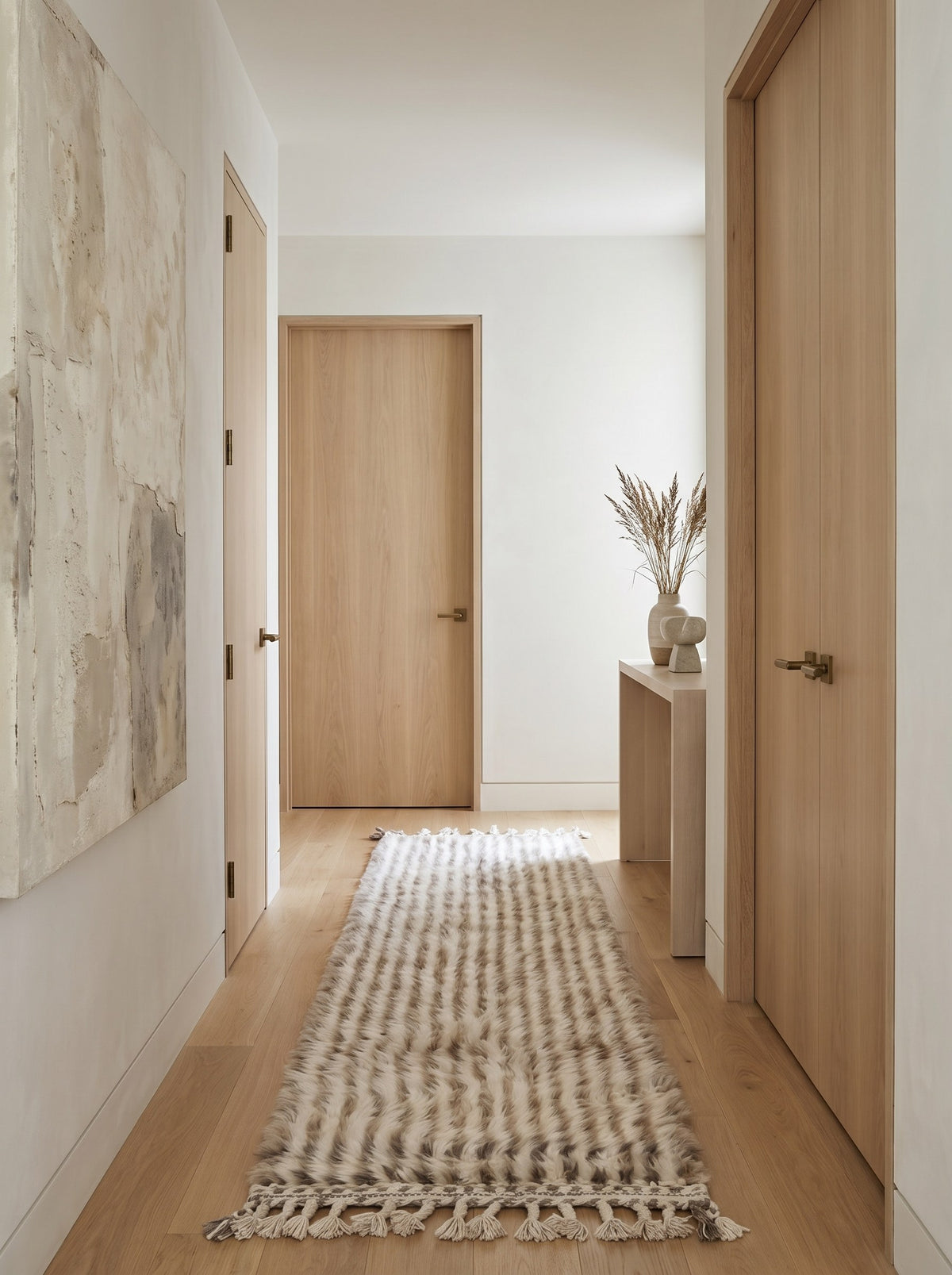 Tapis de couloir berbère à rayures beige et blanc Tamri dans un autre couloir, noué main au Maroc