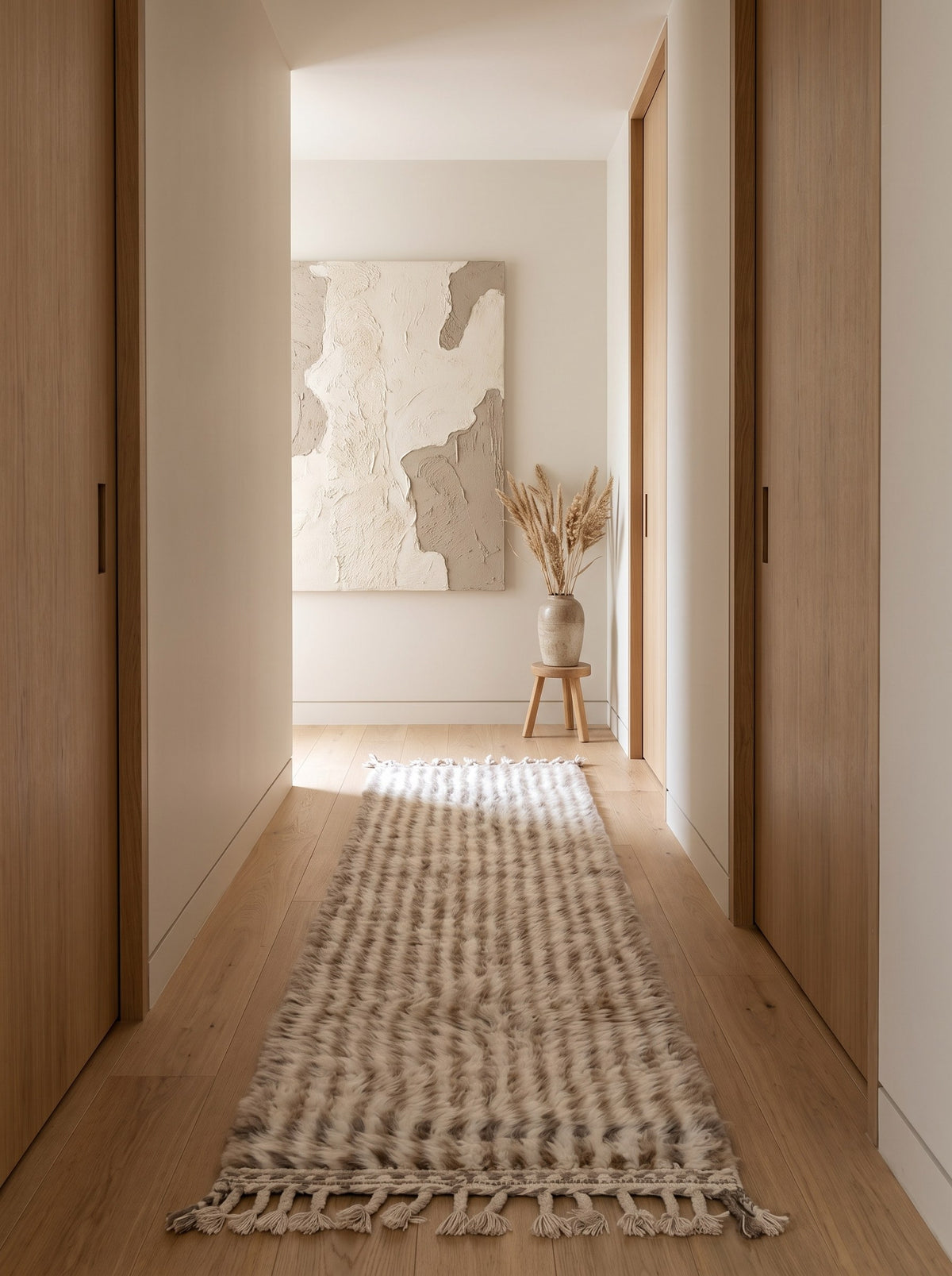 Tapis de couloir berbère à rayures beige et blanc Tamri dans un troisième couloir, noué main au Maroc