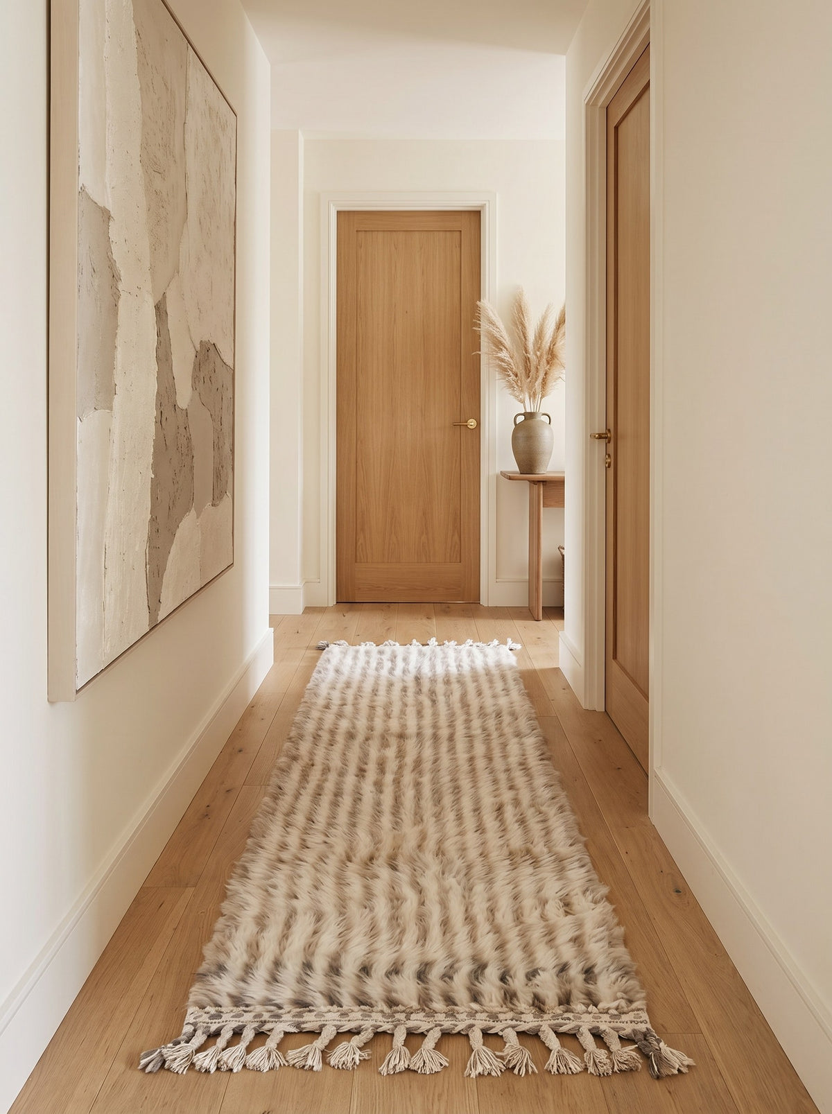 Tapis de couloir berbère à rayures beige et blanc Tamri dans un couloir, noué main au Maroc