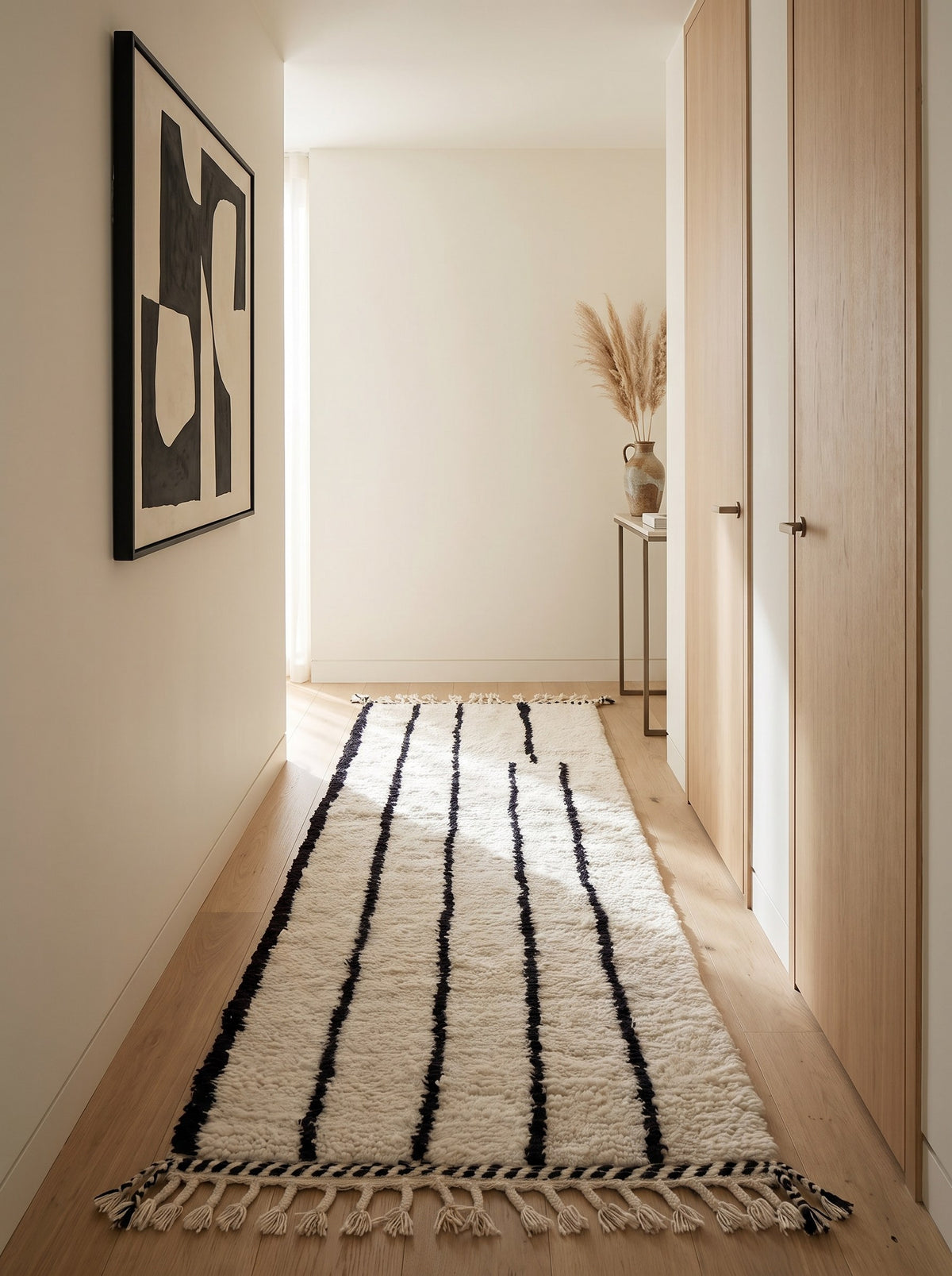 Tapis de couloir berbère à rayures blanc et noir Iberdan dans un troisième couloir, noué main au Maroc