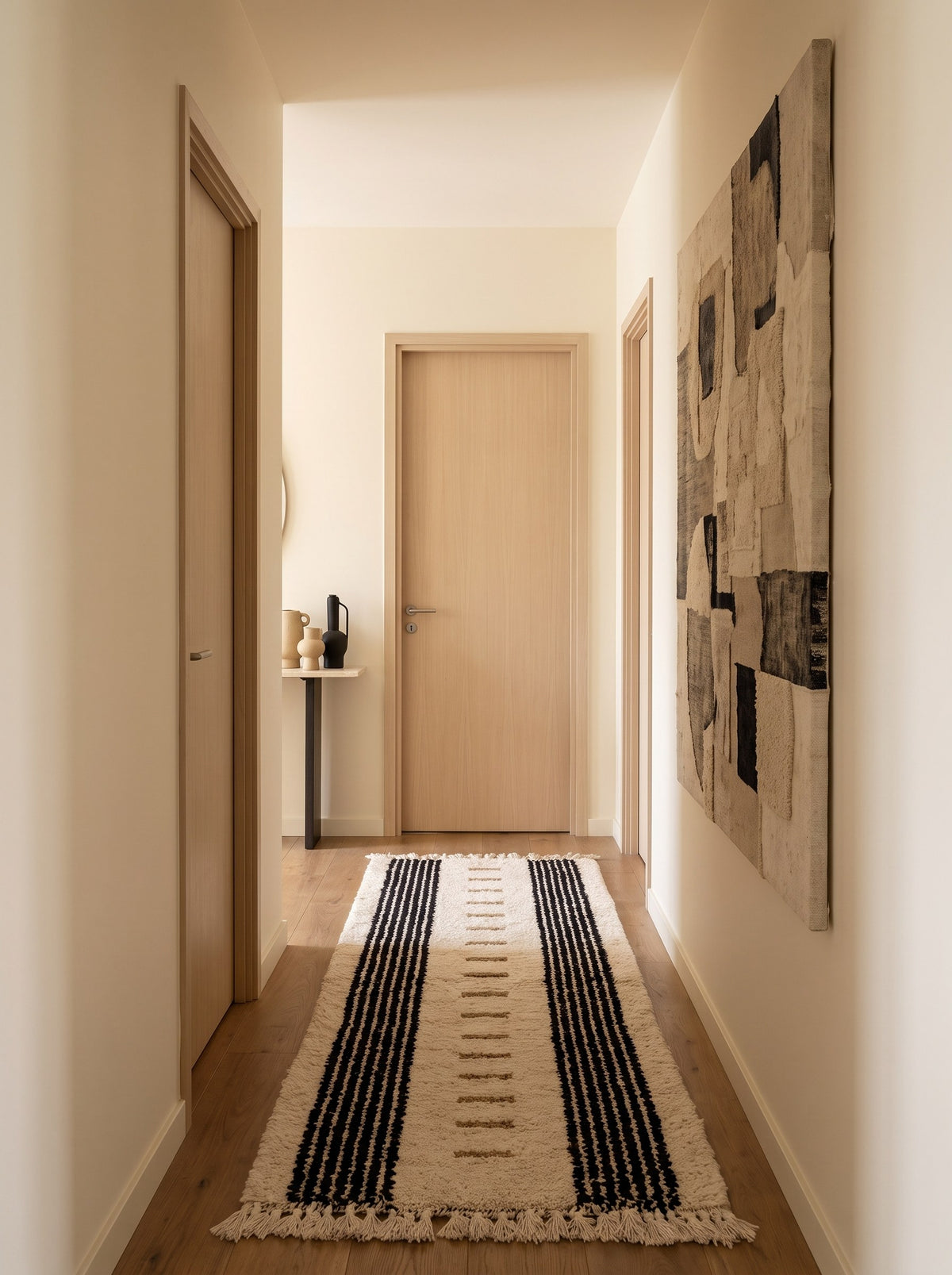 Tapis de couloir berbère à rayures blanc et noir Tallunt dans un autre couloir, noué main au Maroc