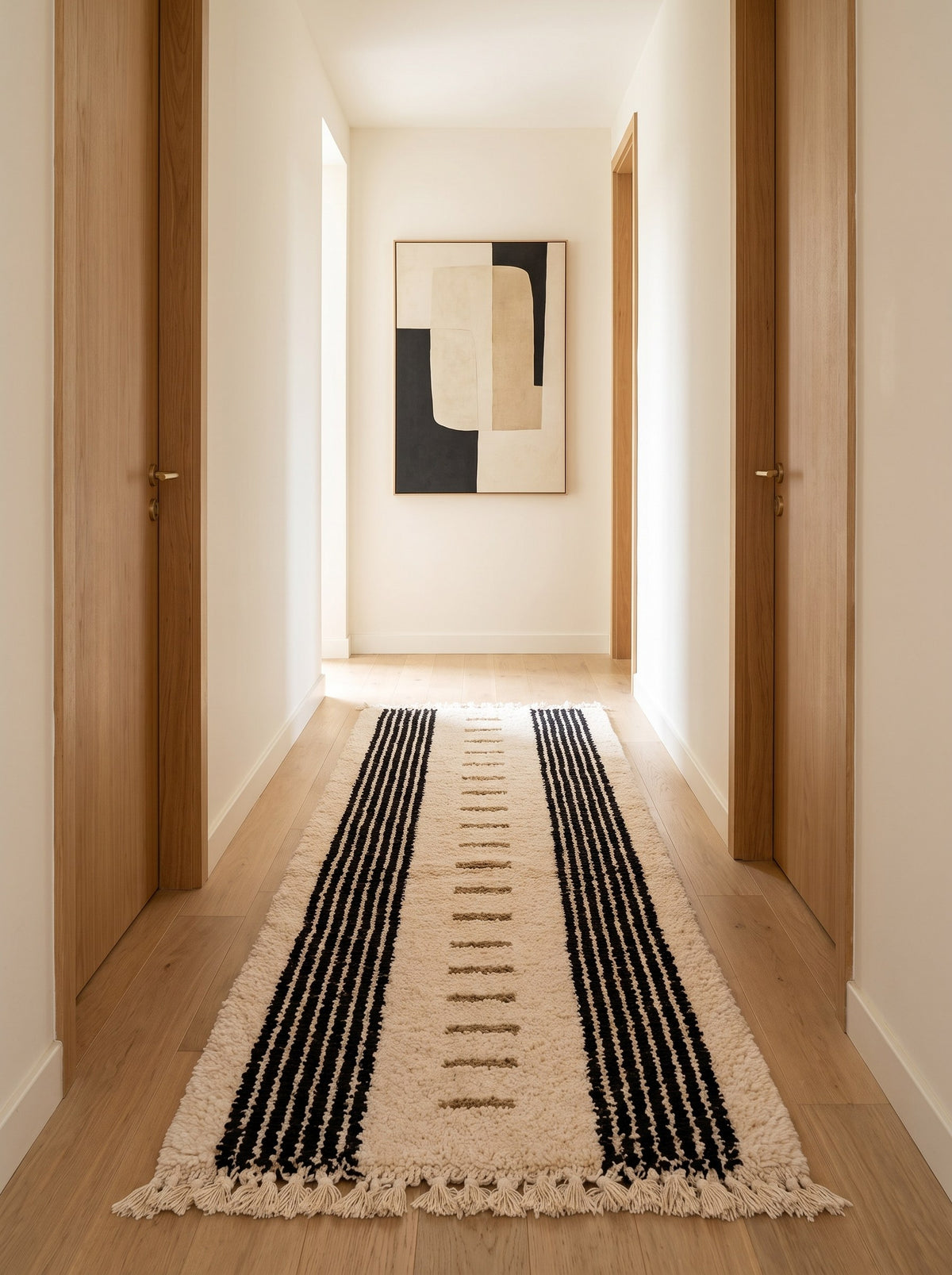Tapis de couloir berbère à rayures blanc et noir Tallunt dans un troisième couloir, noué main au Maroc