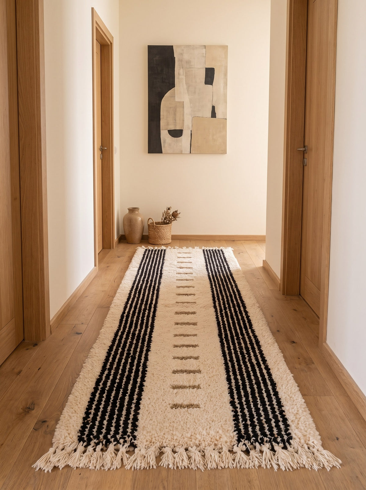 Tapis de couloir berbère à rayures blanc et noir Tallunt dans un couloir, noué main au Maroc