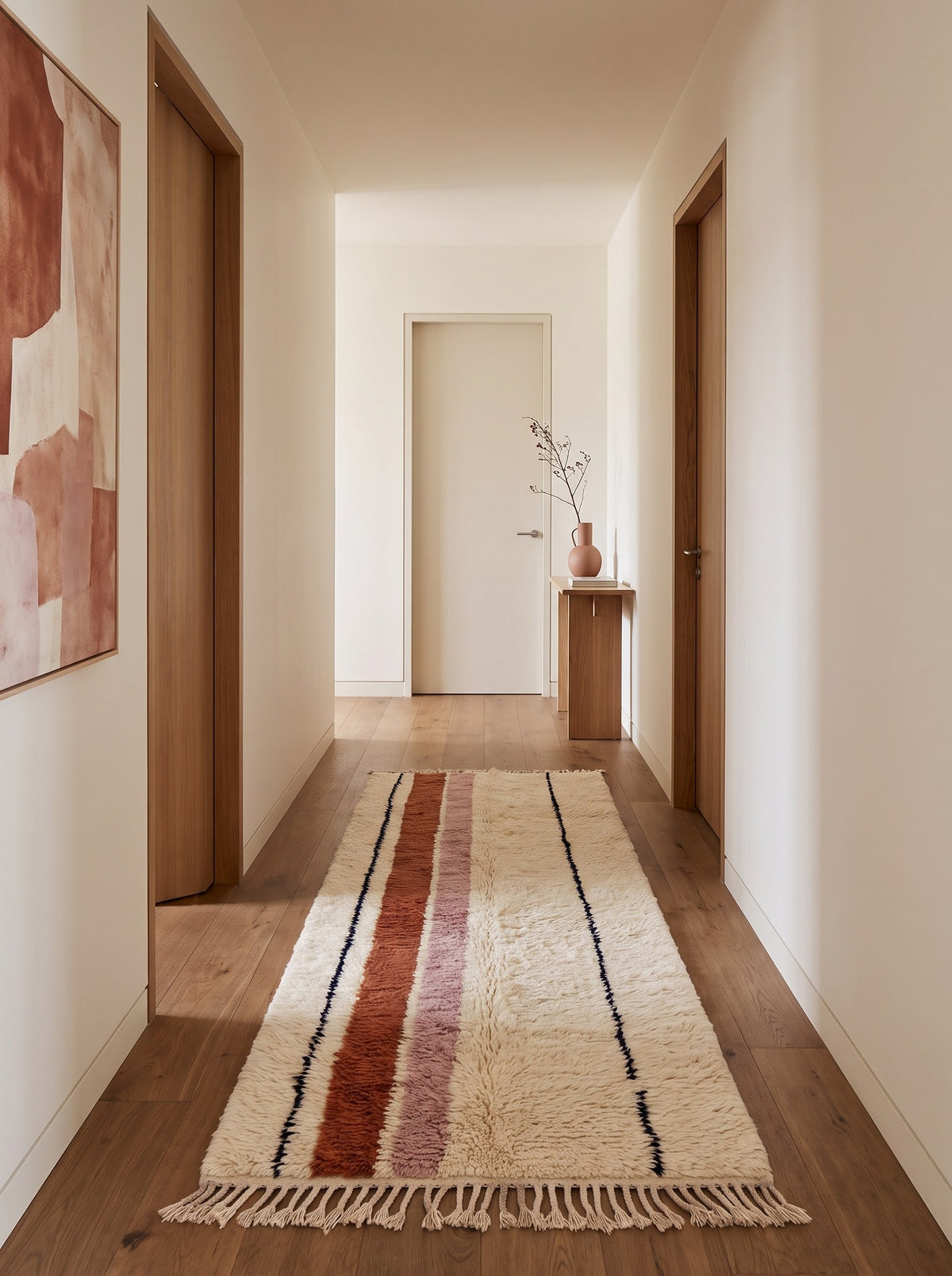Tapis de couloir berbère à rayures blanc et terracotta Tasrifa dans un autre couloir, noué main au Maroc