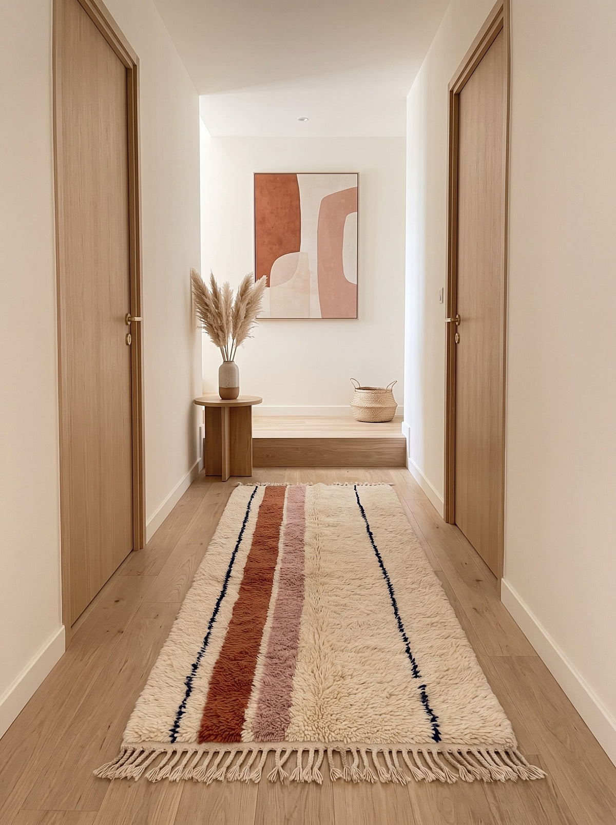 Tapis de couloir berbère à rayures blanc et terracotta Tasrifa dans un troisième couloir, noué main au Maroc
