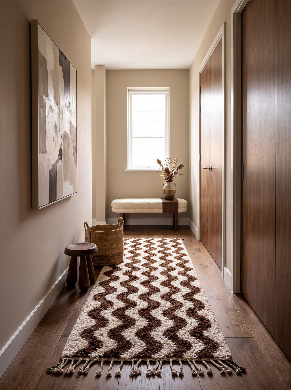 Tapis de couloir berbère à rayures marron et blanc Roudin dans un autre couloir, noué main au Maroc