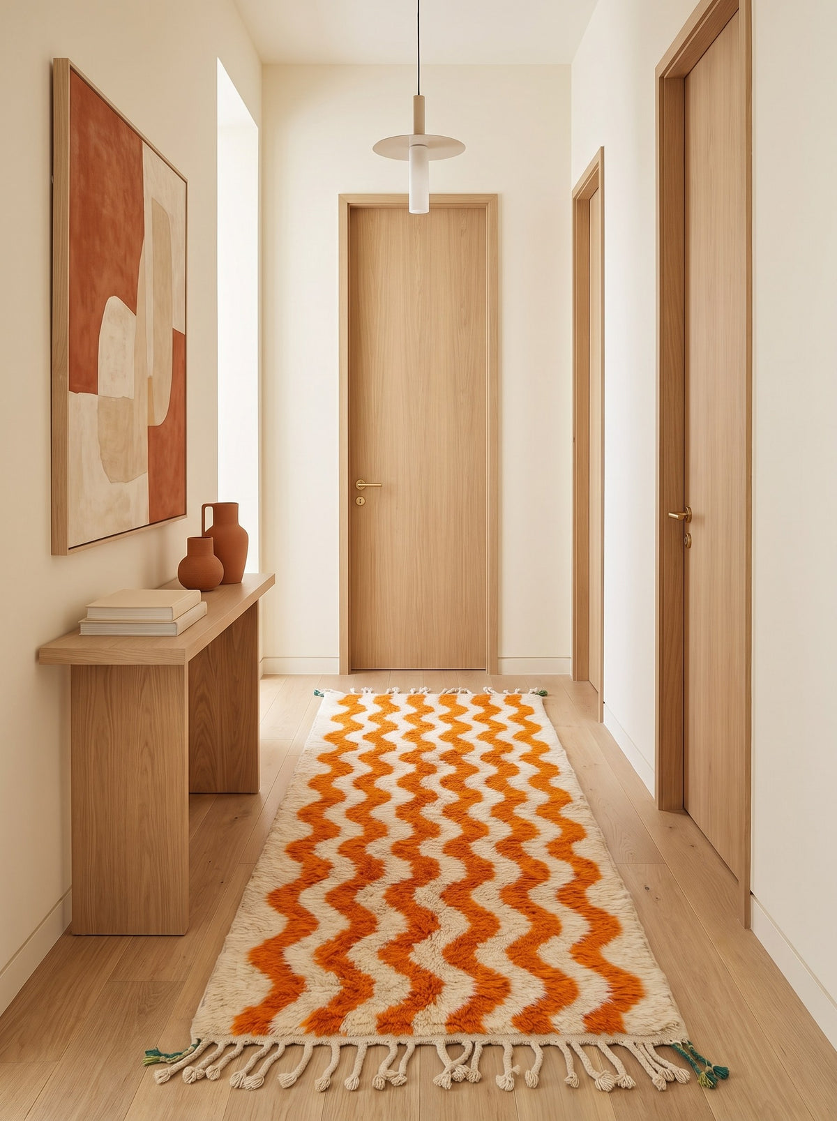 Tapis de couloir berbère à rayures orange et blanc Loumzal dans un autre couloir, noué main au Maroc