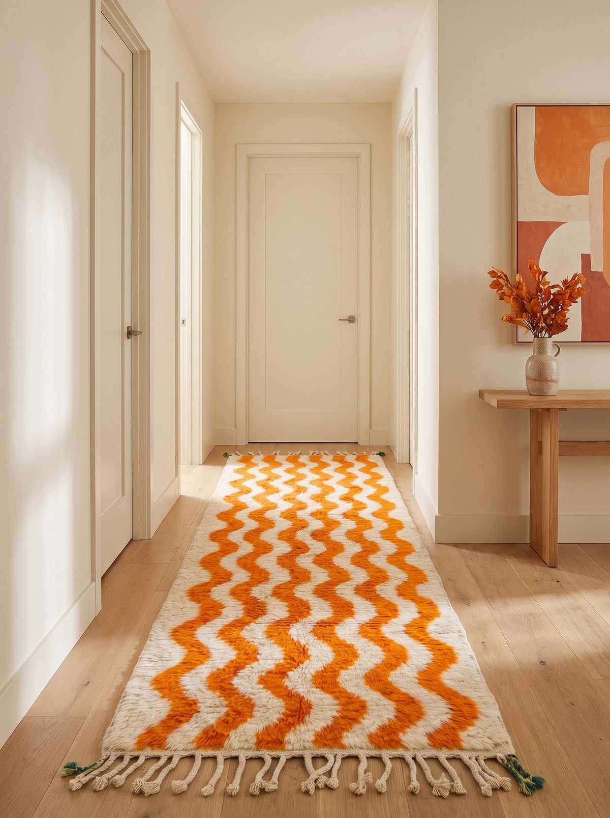 Tapis de couloir berbère à rayures orange et blanc Loumzal dans un couloir, noué main au Maroc