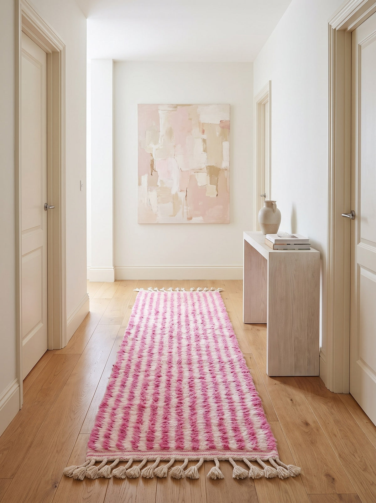 Tapis de couloir berbère à rayures rose et blanc Mirleft dans un troisième couloir, noué main au Maroc