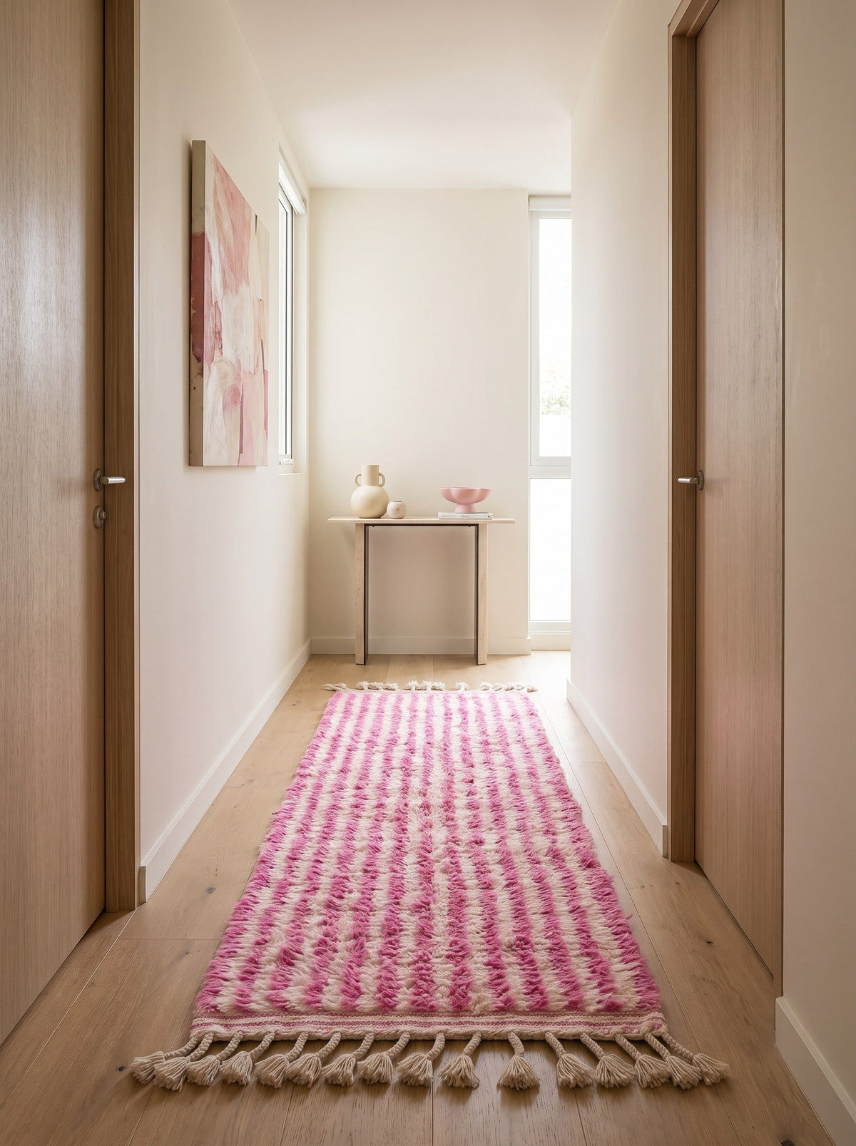 Tapis de couloir berbère à rayures rose et blanc Mirleft dans un couloir, noué main au Maroc