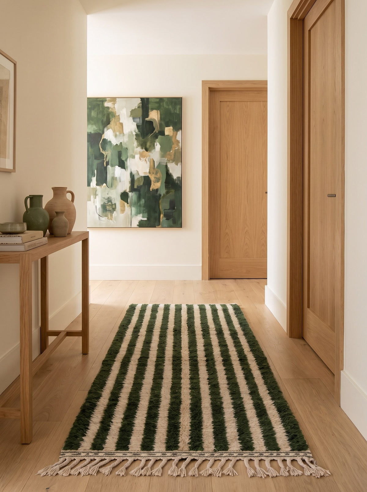 Tapis de couloir berbère à rayures vert et blanc Zirmal dans un couloir, noué main au Maroc