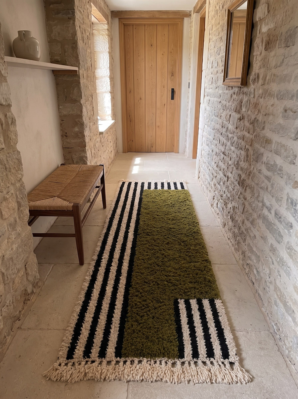 Tanuwar Berber runner with olive green stripes in another hallway, hand-knotted in Morocco