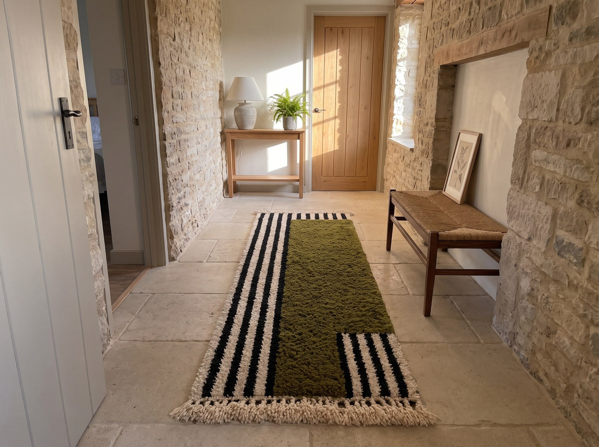 Style déco : maison de campagne rénovée. Ambiance : lumière rasante du matin. Pièce : couloir