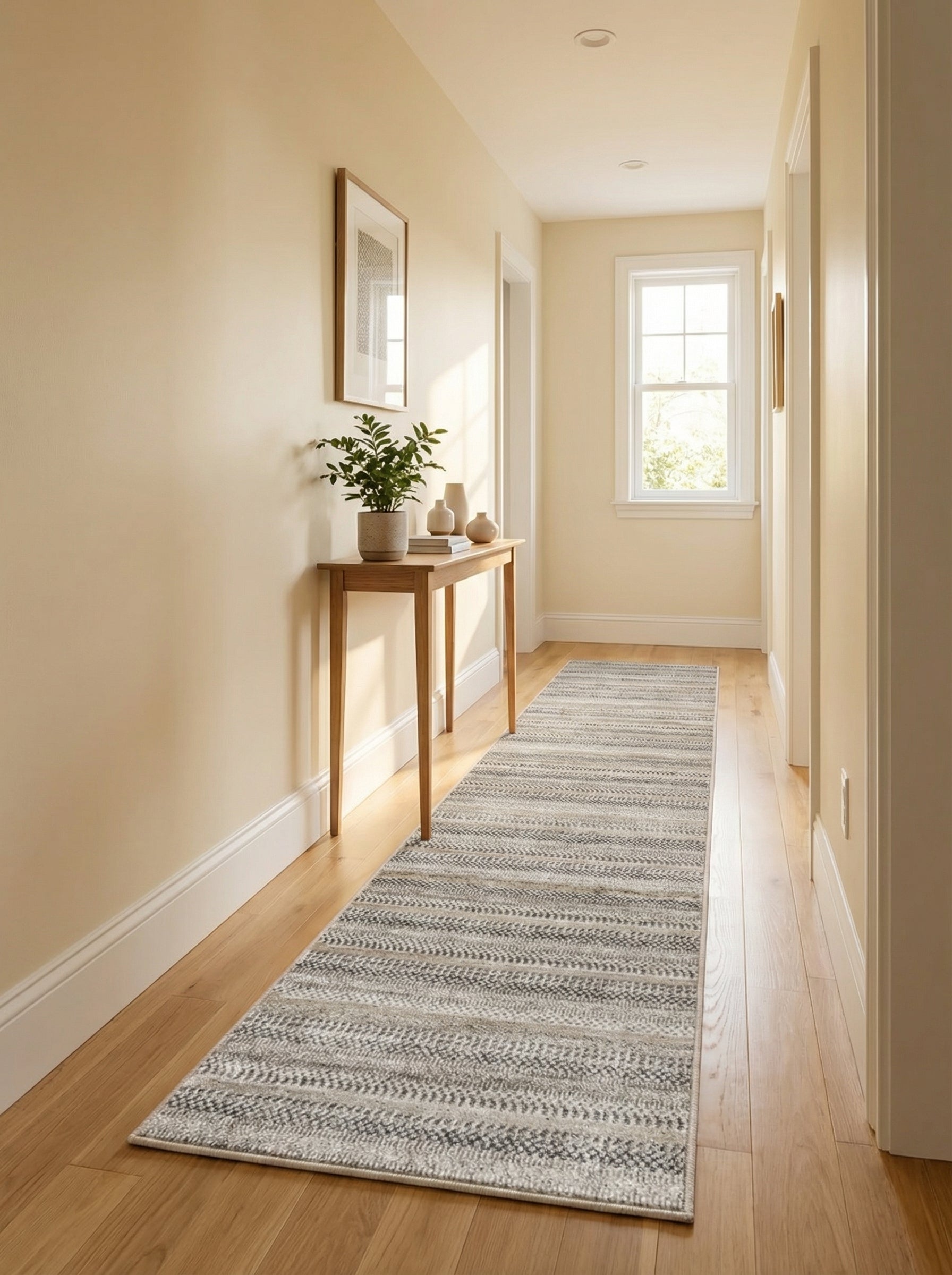 Tapis de couloir rectangulaire à motifs abstraits gris et beige clair, sur parquet blond dans un couloir