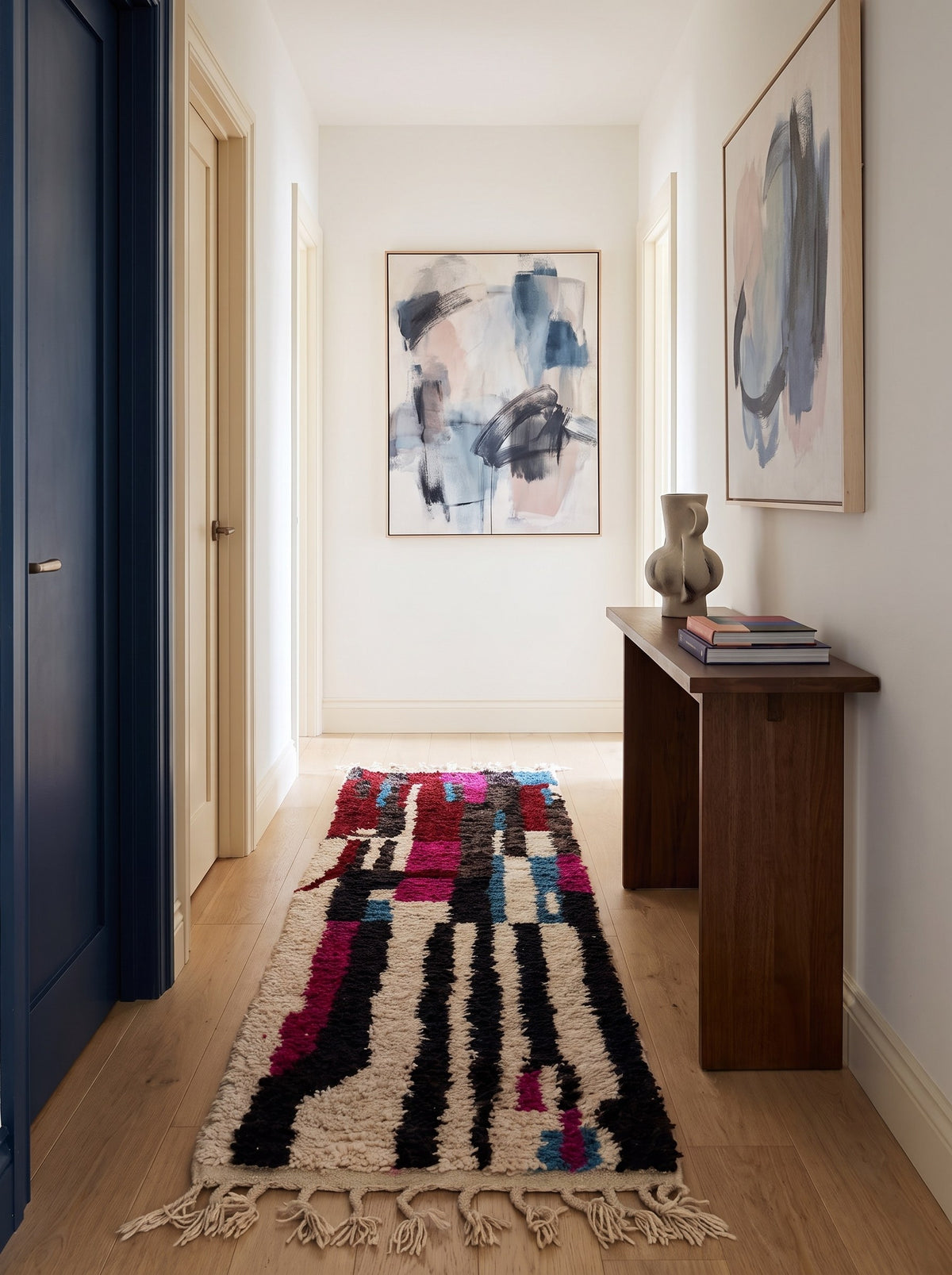Legzira colourful Berber runner in burgundy and white, in another hallway, hand-knotted in Morocco