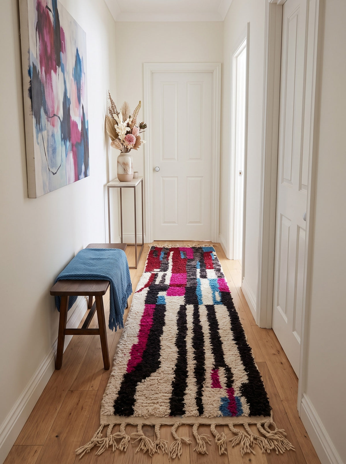 Legzira colourful Berber runner in burgundy and white, in a third hallway, hand-knotted in Morocco