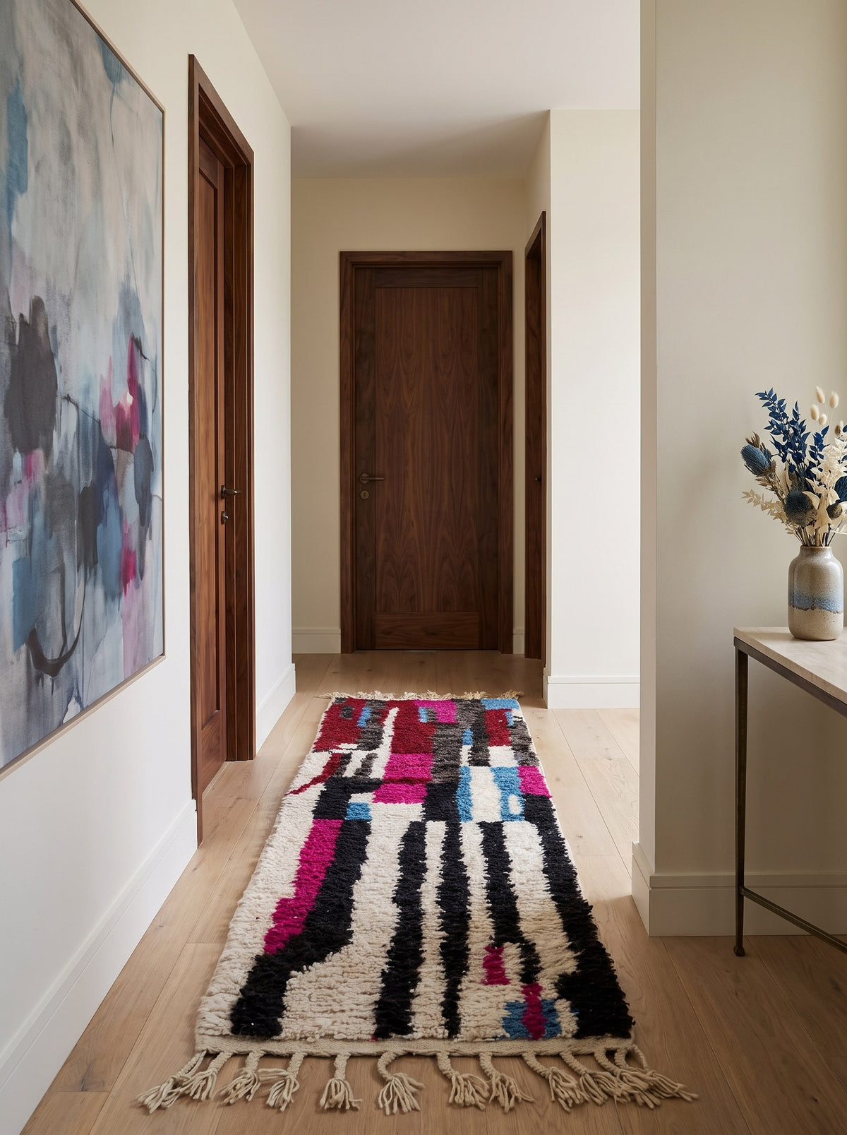 Legzira colourful Berber runner in burgundy and white, in a hallway, hand-knotted in Morocco