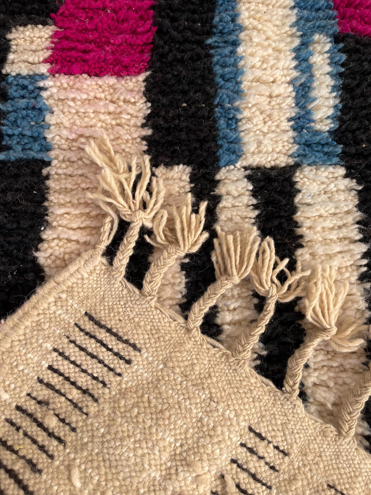 Close-up of the back of the Legzira Berber runner, knots visible on the cotton warp, no backing