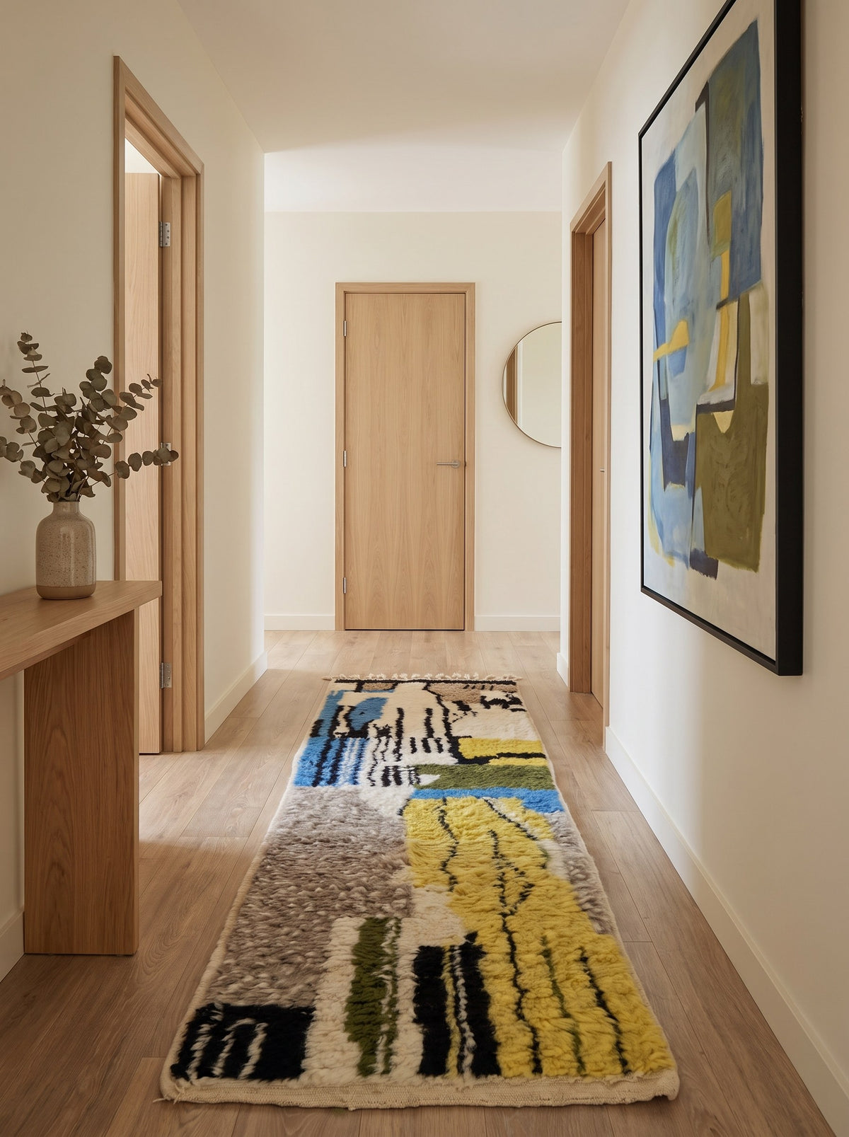 Tapis de couloir berbère coloré jaune et bleu Iznagal dans un autre couloir, noué main au Maroc