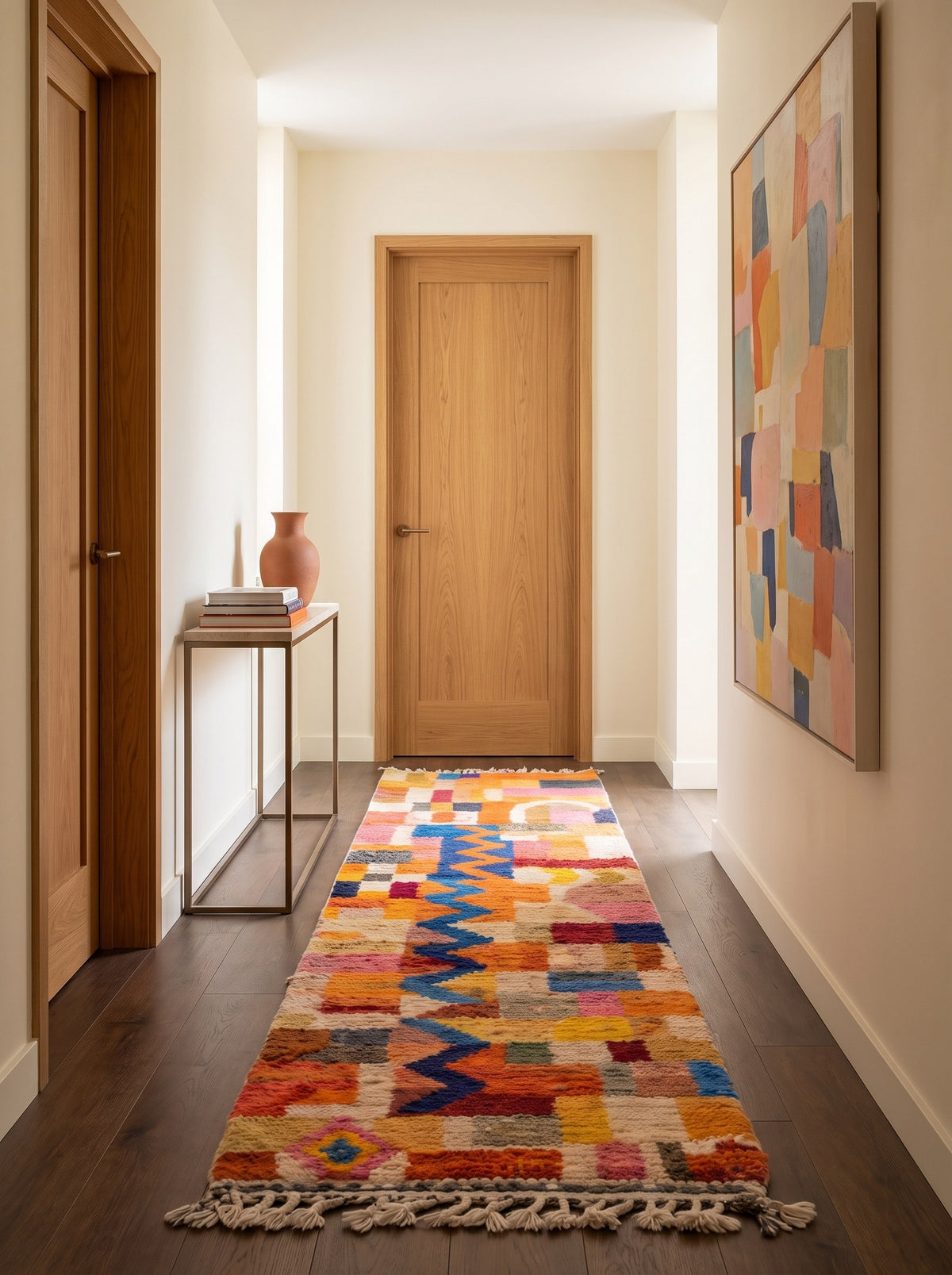 Tapis de couloir berbère coloré orange et bleu Anzarane dans un troisième couloir, noué main au Maroc