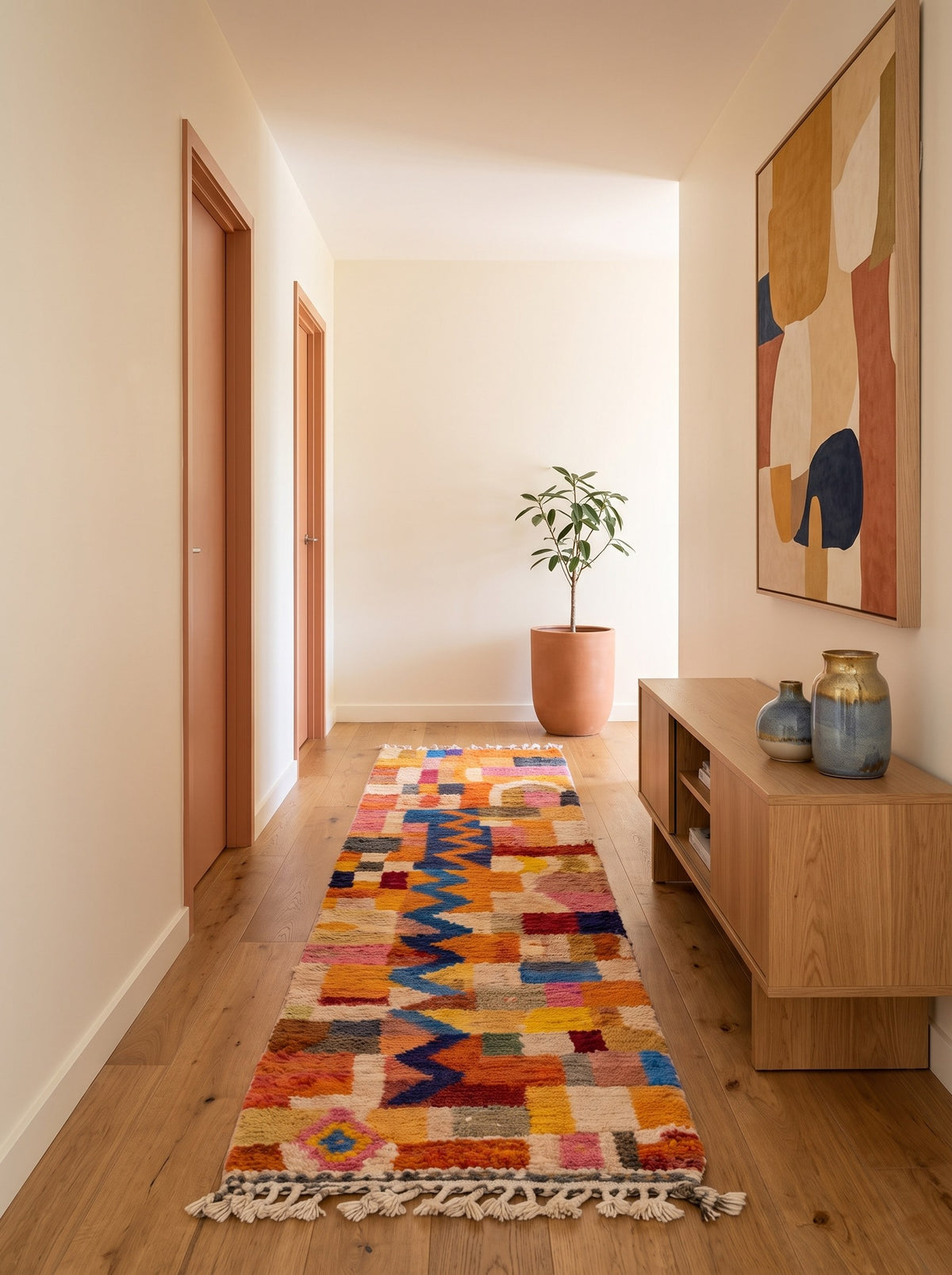 Tapis de couloir berbère coloré orange et bleu Anzarane dans un couloir, noué main au Maroc