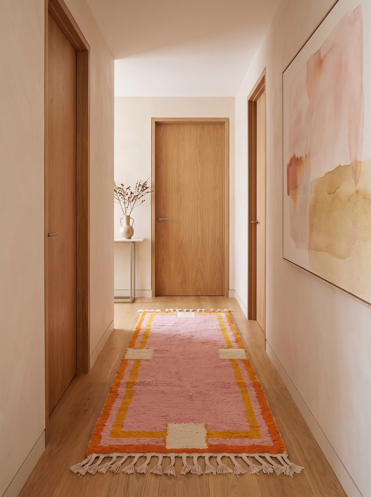 Berkane colourful Berber runner in pink, in another hallway, hand-knotted in Morocco