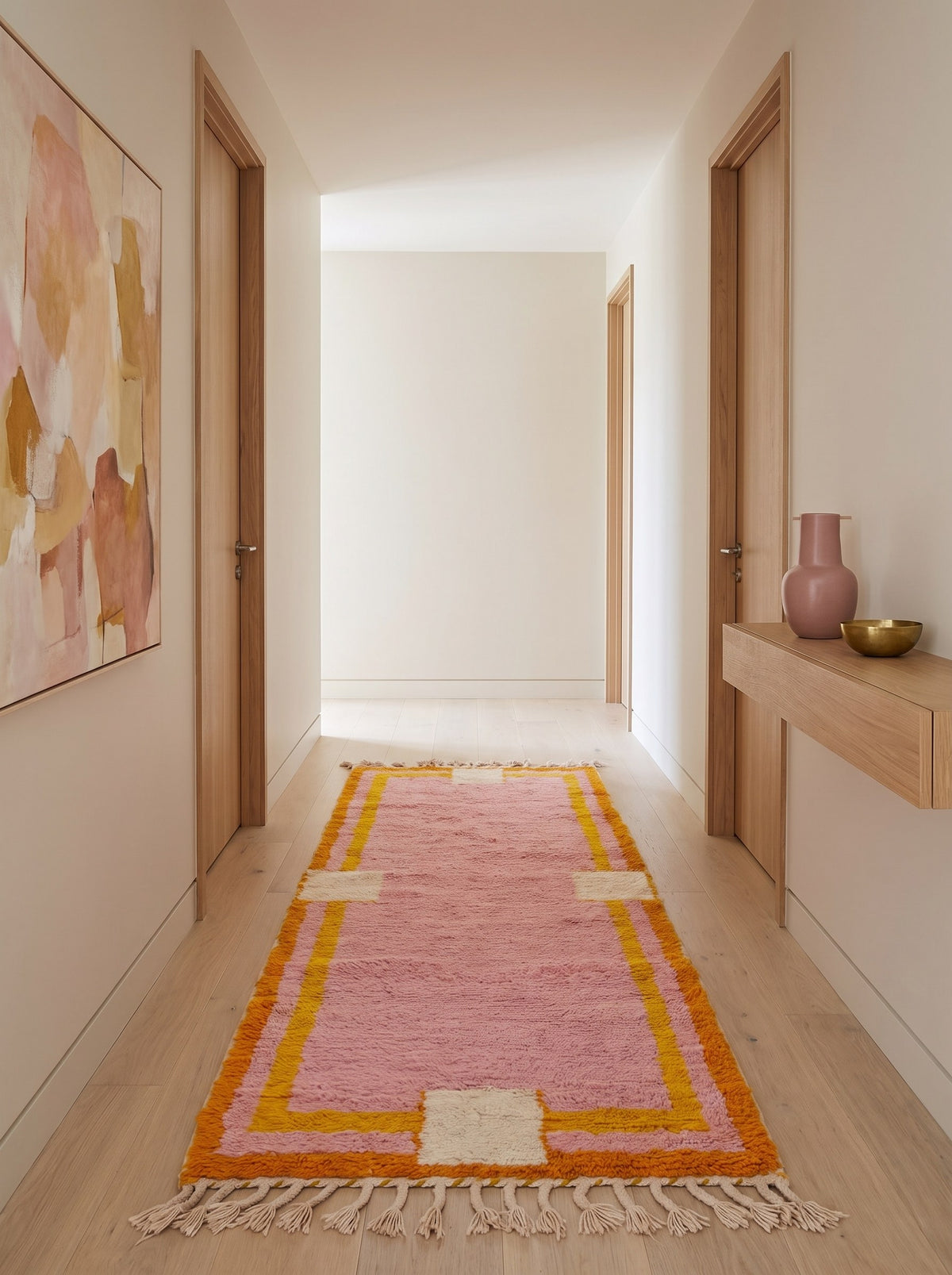 Berkane colourful Berber runner in pink, in a third hallway, hand-knotted in Morocco