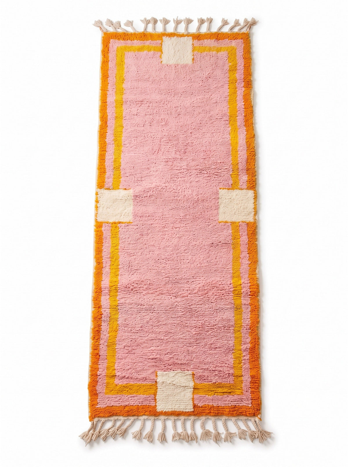 Berkane colourful Berber runner in pink, laid flat, powder pink runner with a double orange and yellow border, ecru fringes