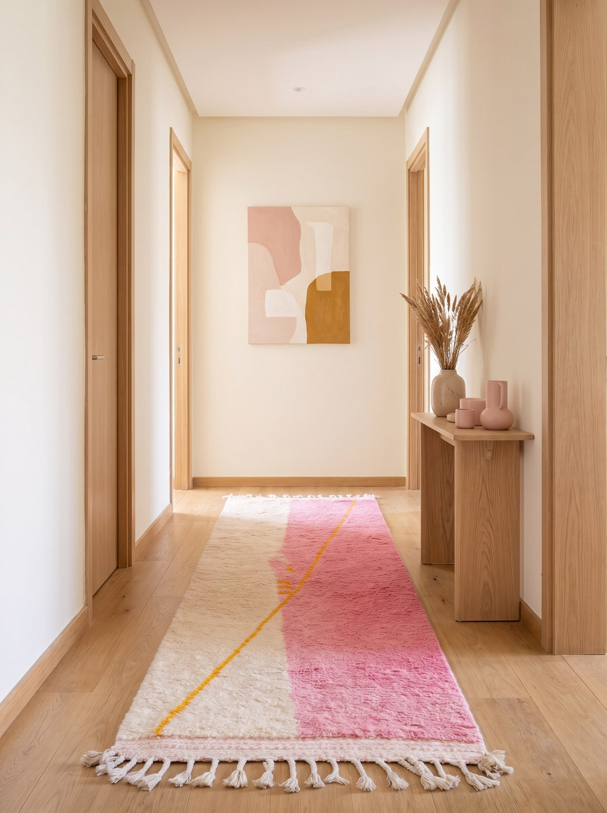 Tapis de couloir berbère coloré rose et blanc Tanmila dans un troisième couloir, noué main au Maroc
