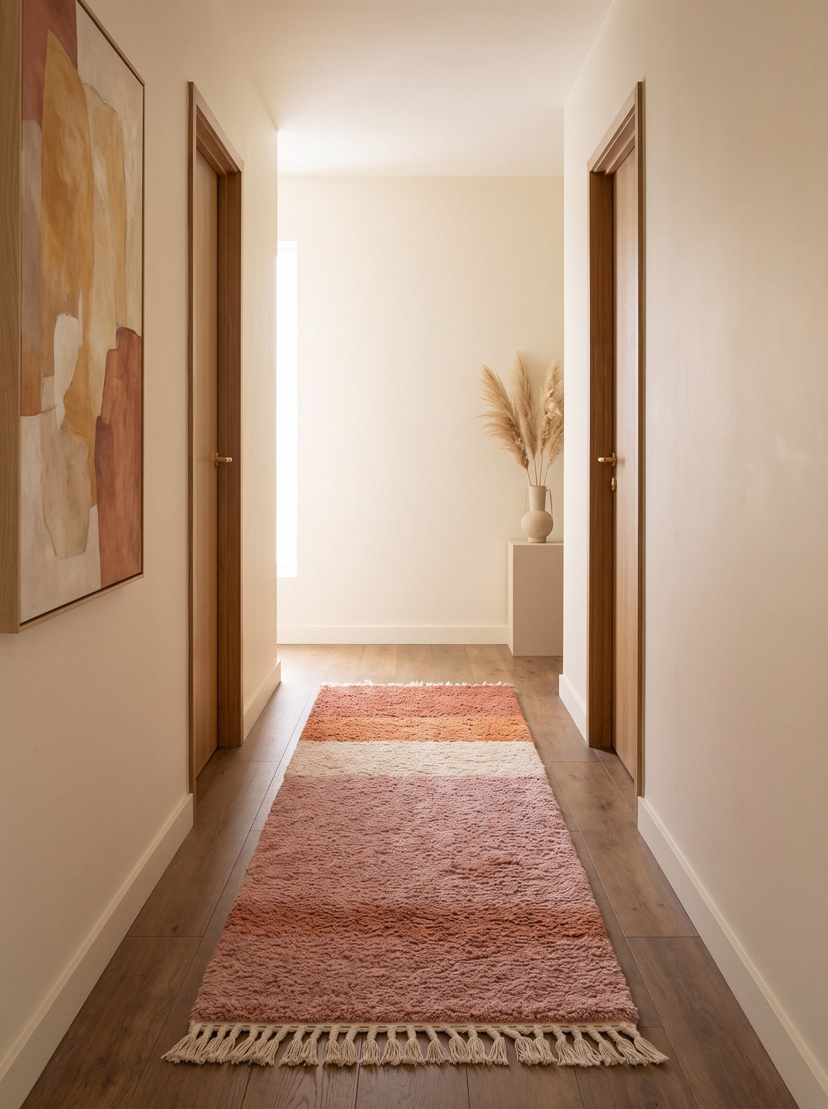 Tapis de couloir berbère coloré rose et orange Mayyu dans un autre couloir, noué main au Maroc