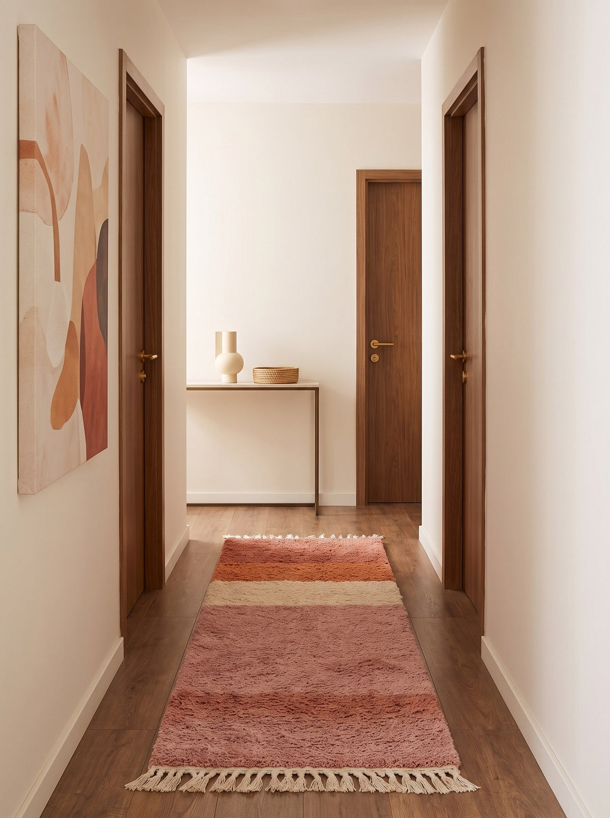 Tapis de couloir berbère coloré rose et orange Mayyu dans un couloir, noué main au Maroc