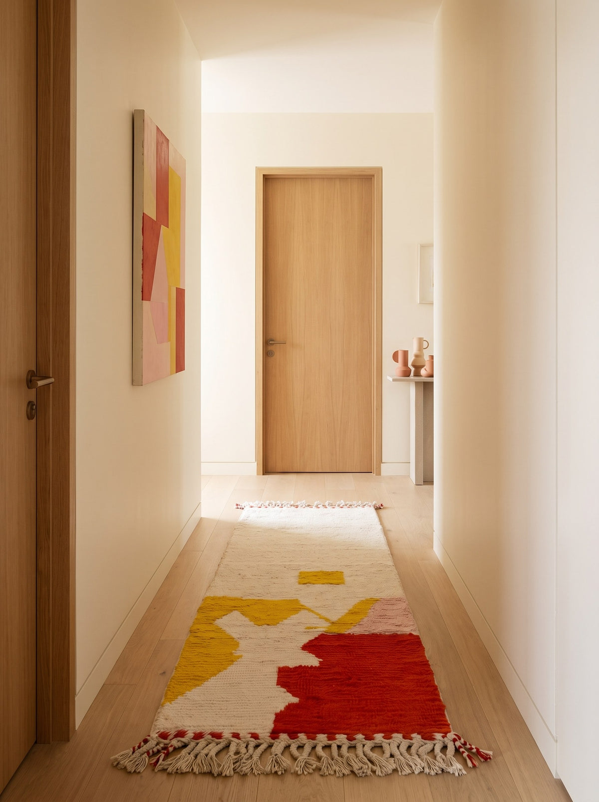 Tapis de couloir berbère coloré rouge et jaune Farsia dans un troisième couloir, noué main au Maroc