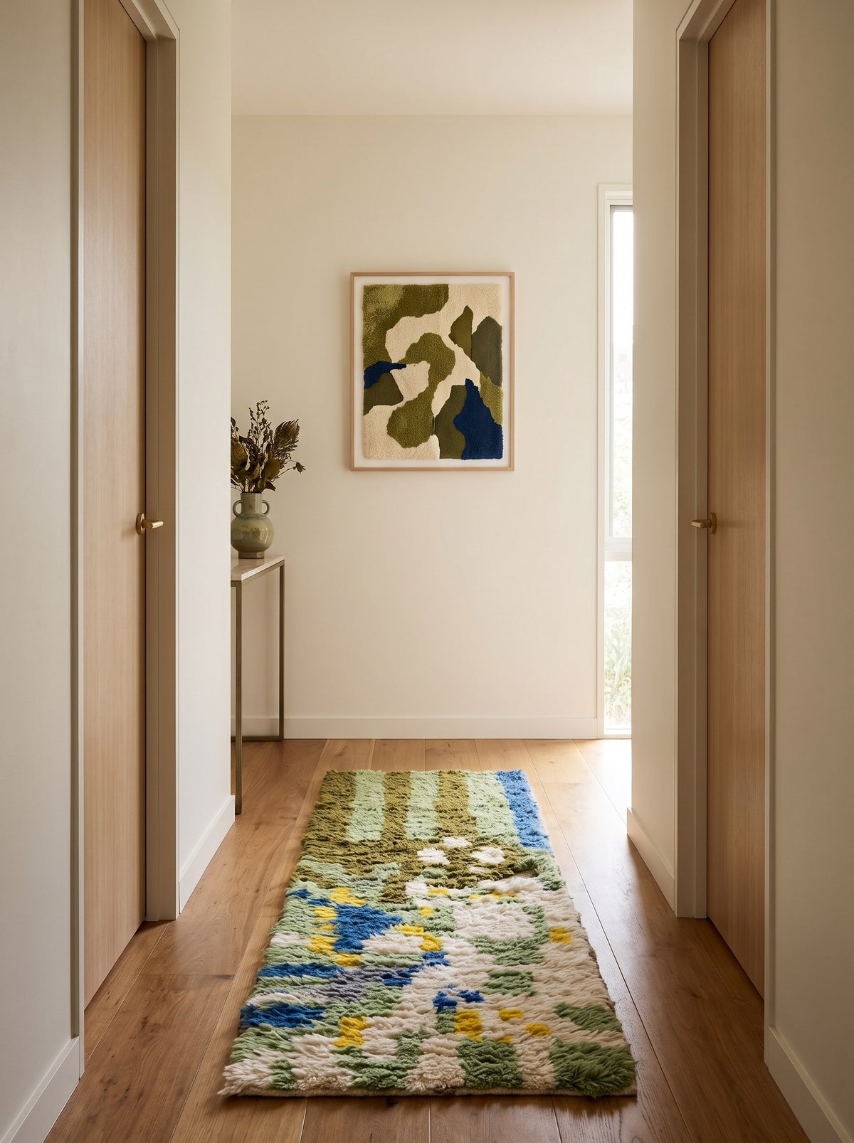 Tapis de couloir berbère coloré vert olive Berzoun dans un autre couloir, noué main au Maroc