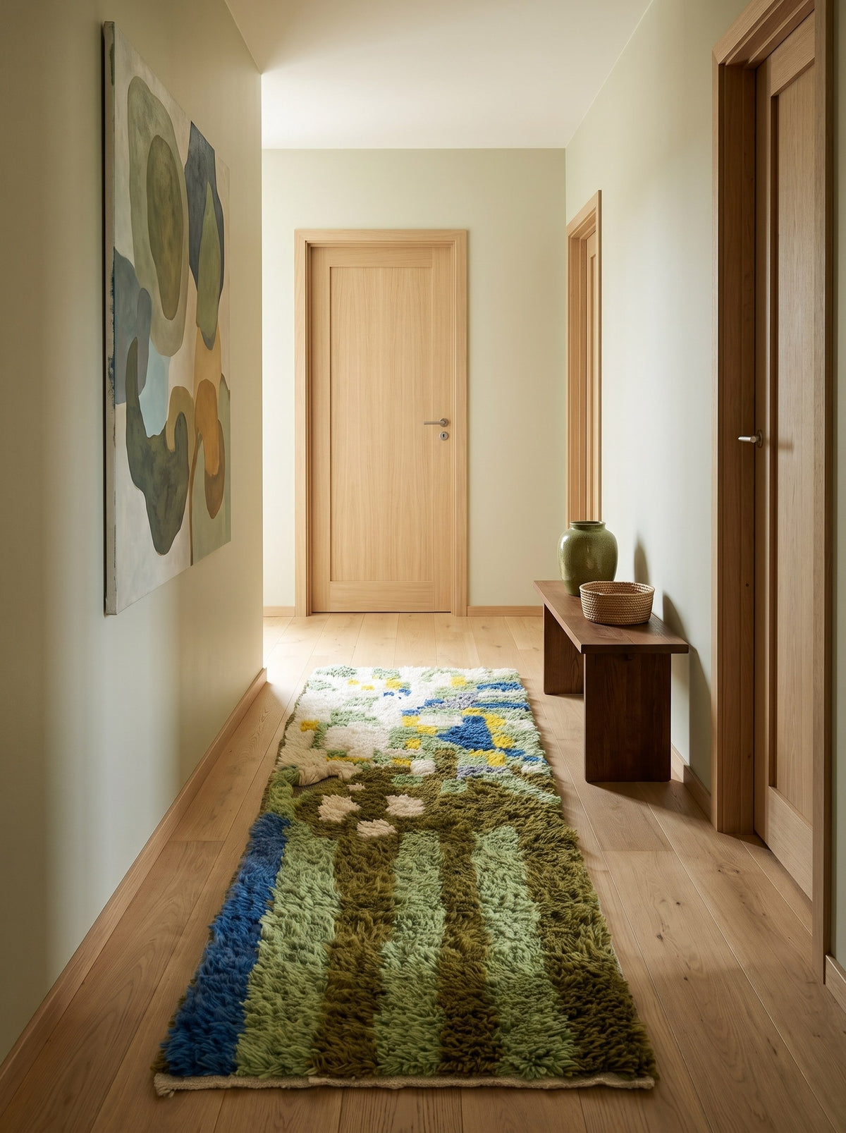 Tapis de couloir berbère coloré vert olive Berzoun dans un troisième couloir, noué main au Maroc