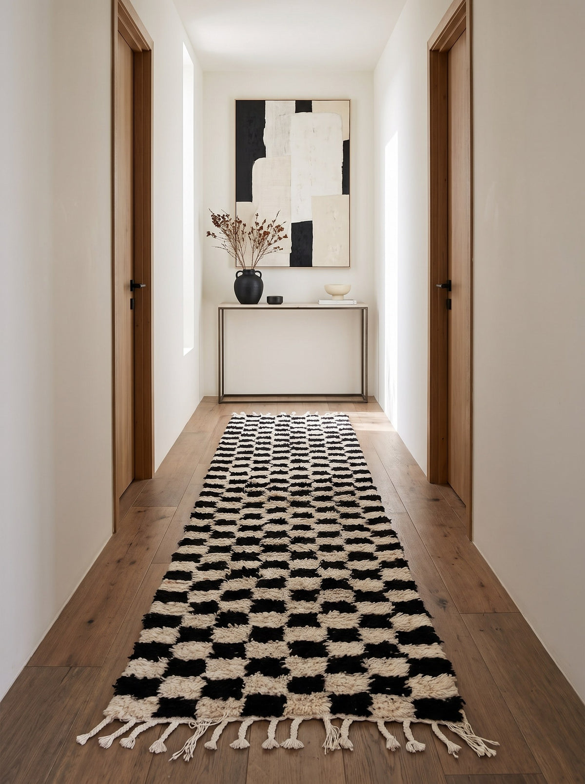 Tapis de couloir berbère damier noir et blanc Lemzoun dans un troisième couloir, noué main au Maroc