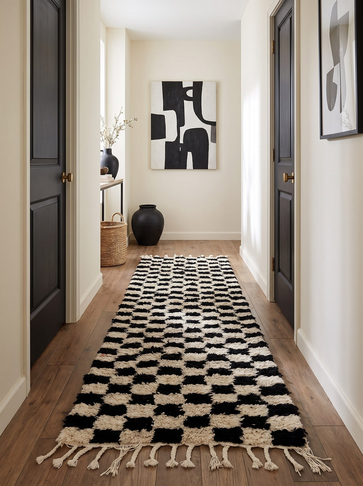 Tapis de couloir berbère damier noir et blanc Lemzoun dans un couloir, noué main au Maroc