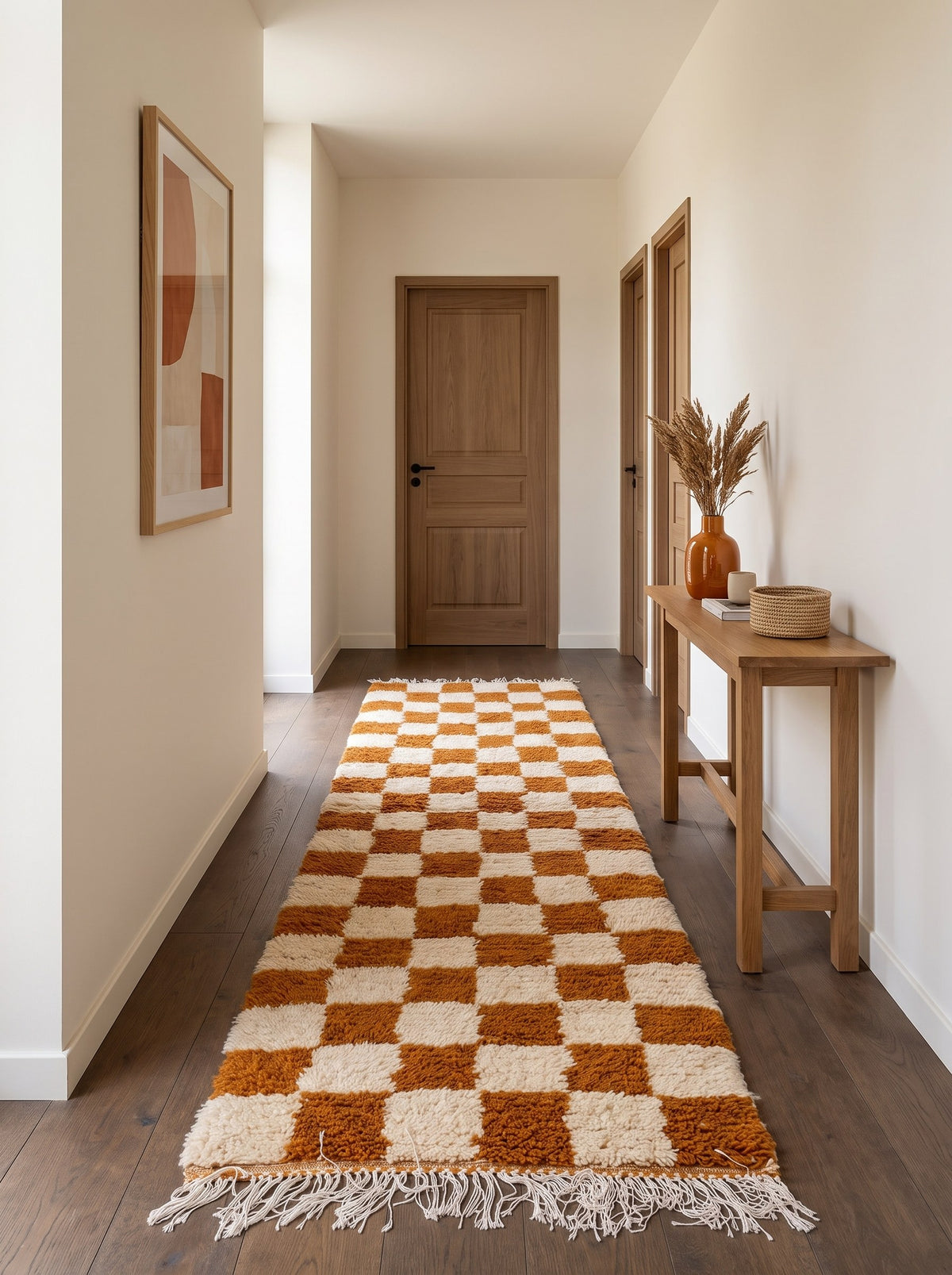 Semdir checkered Berber runner in rust and white, in another hallway, hand-knotted in Morocco