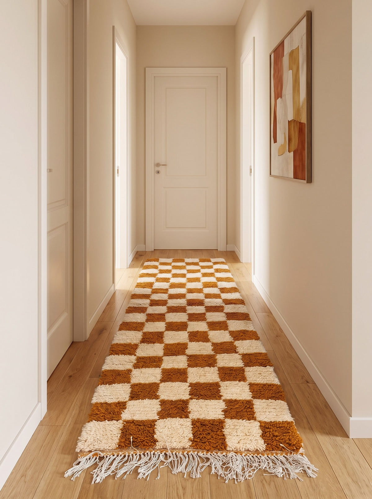 Semdir checkered Berber runner in rust and white, in a third hallway, hand-knotted in Morocco