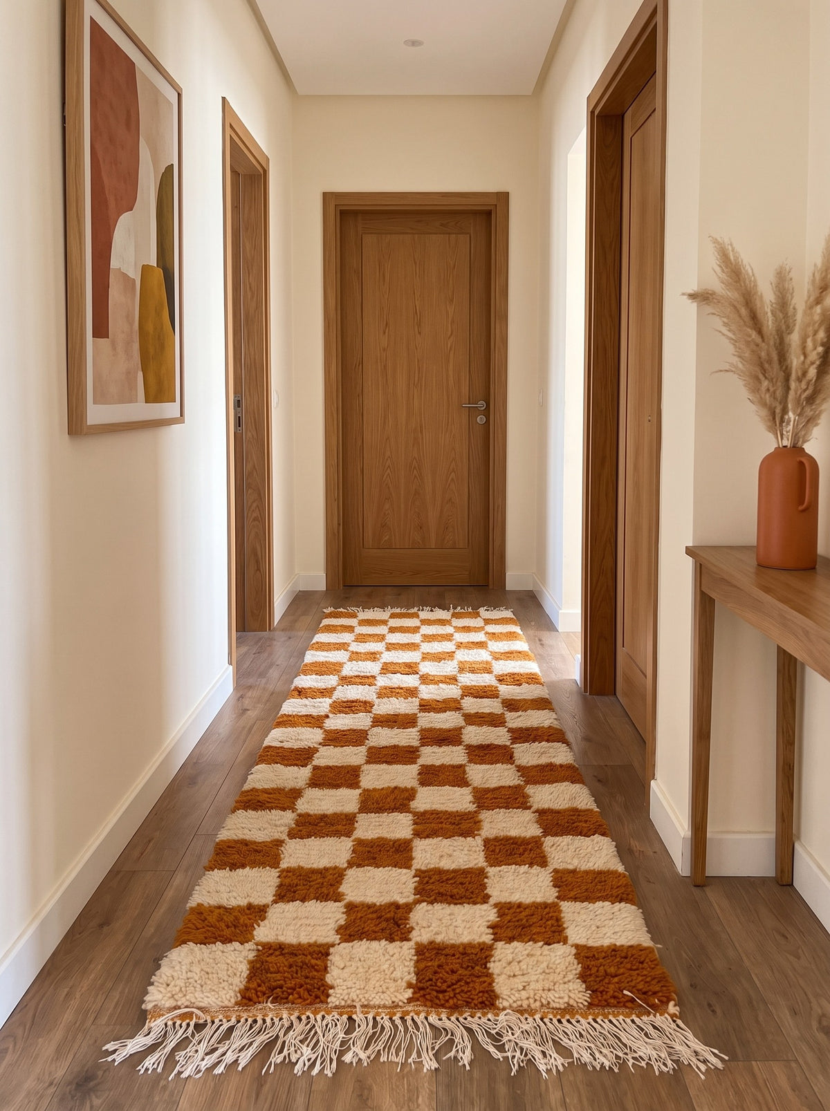 Semdir checkered Berber runner in rust and white, in a hallway, hand-knotted in Morocco