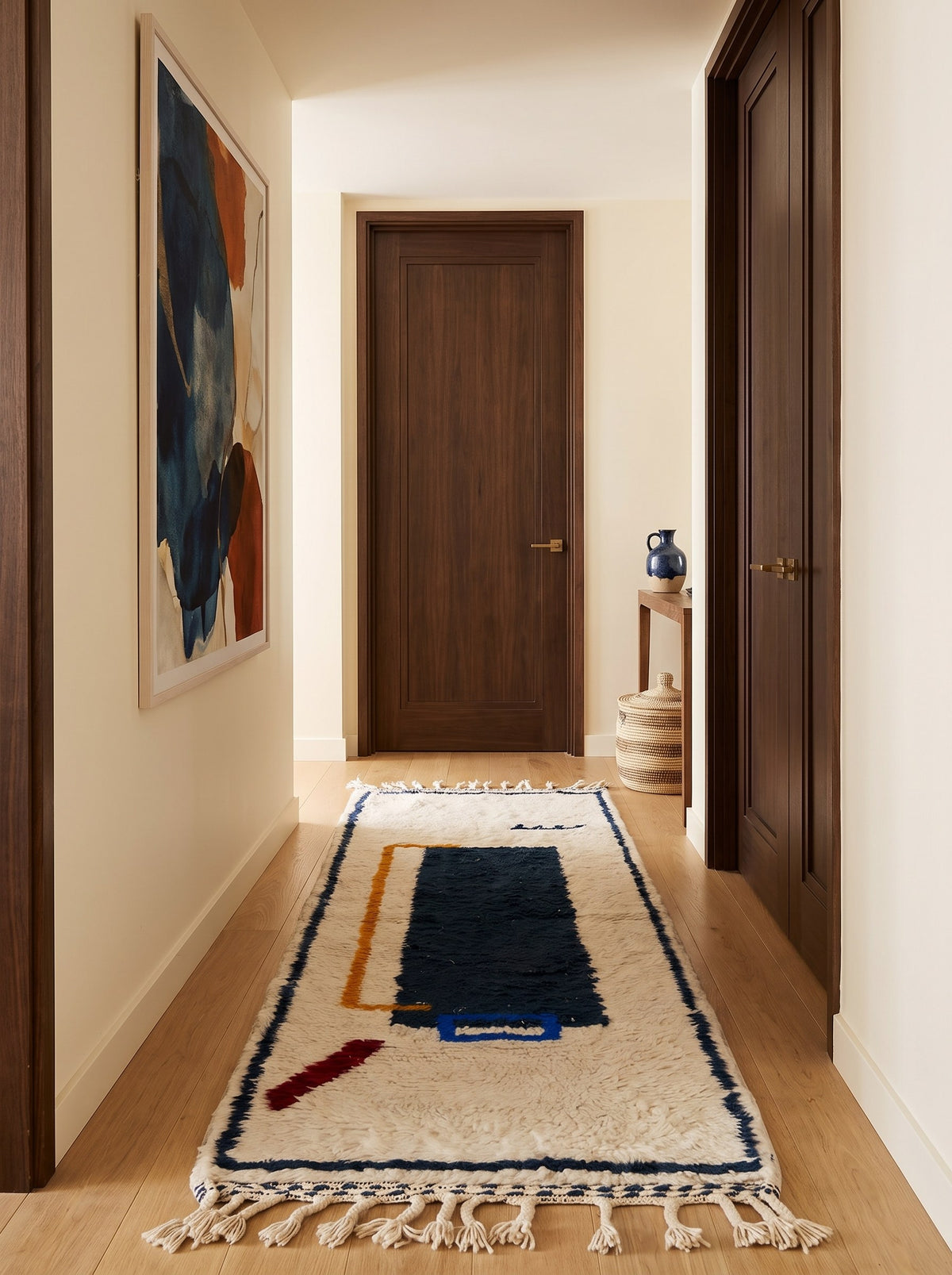 Tapis de couloir berbère graphique blanc et bleu Bouregreg dans un troisième couloir, noué main au Maroc