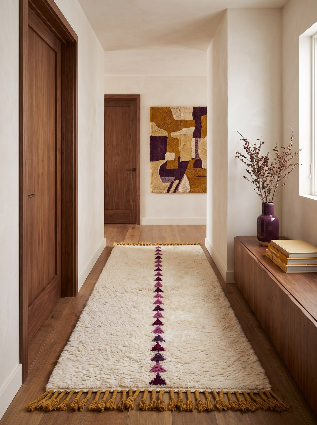 Tapis de couloir berbère graphique blanc et prune Anir dans un autre couloir, noué main au Maroc