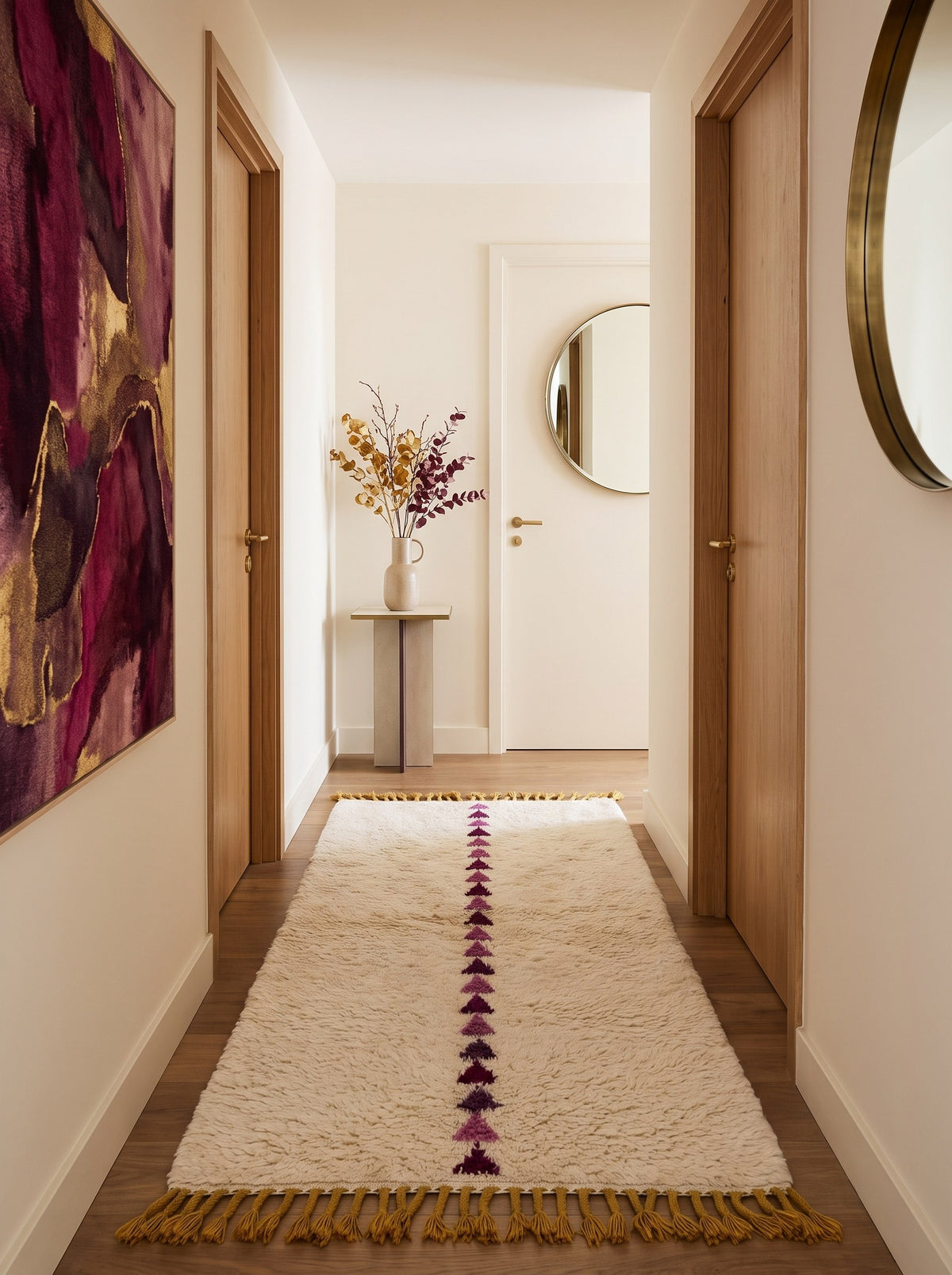 Tapis de couloir berbère graphique blanc et prune Anir dans un troisième couloir, noué main au Maroc