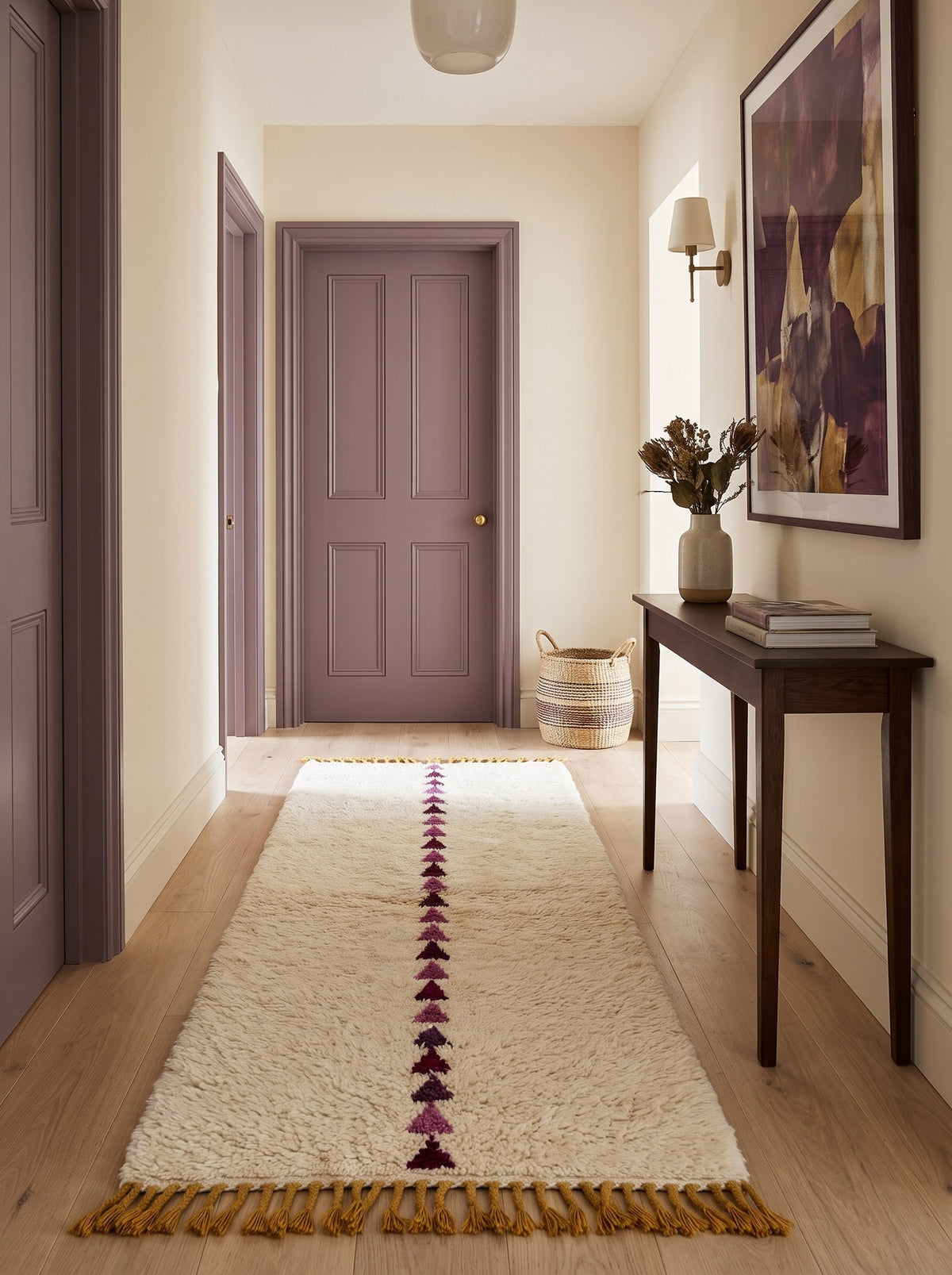 Anir Berber runner with a white and plum graphic design, in a hallway, hand-knotted in Morocco