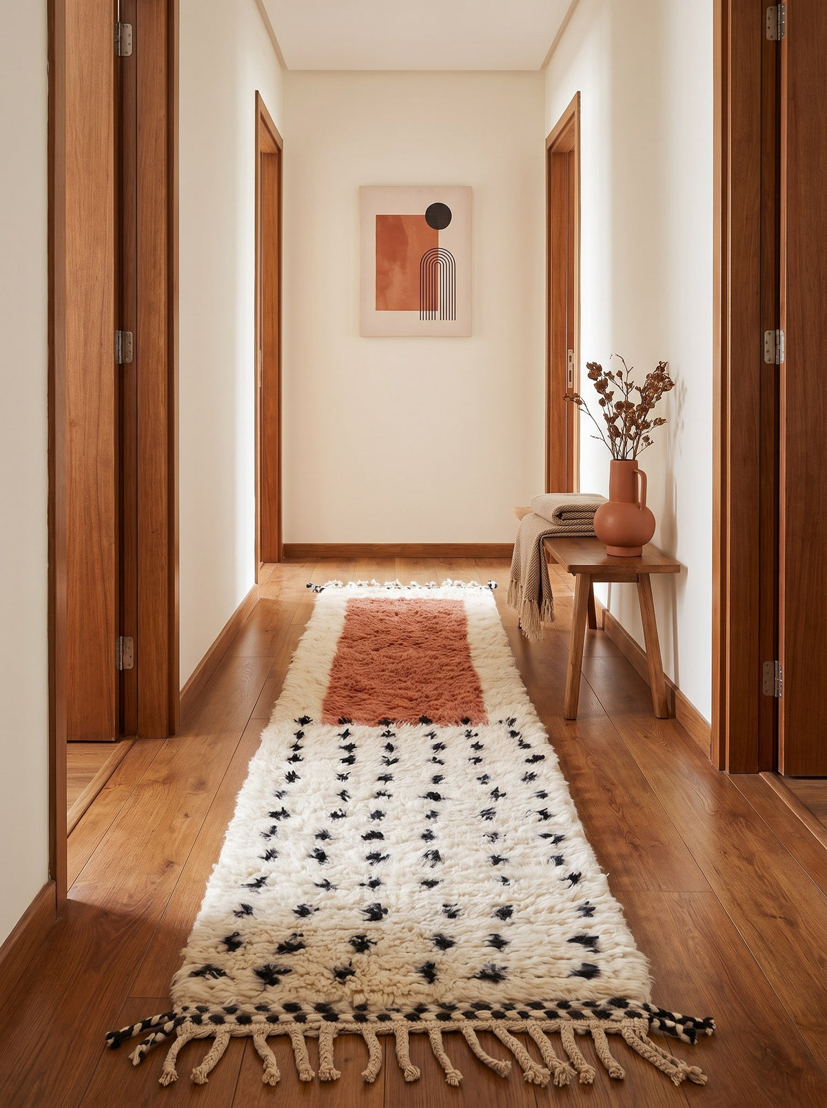Tapis de couloir berbère graphique blanc et terracotta Adissa dans un autre couloir, noué main au Maroc