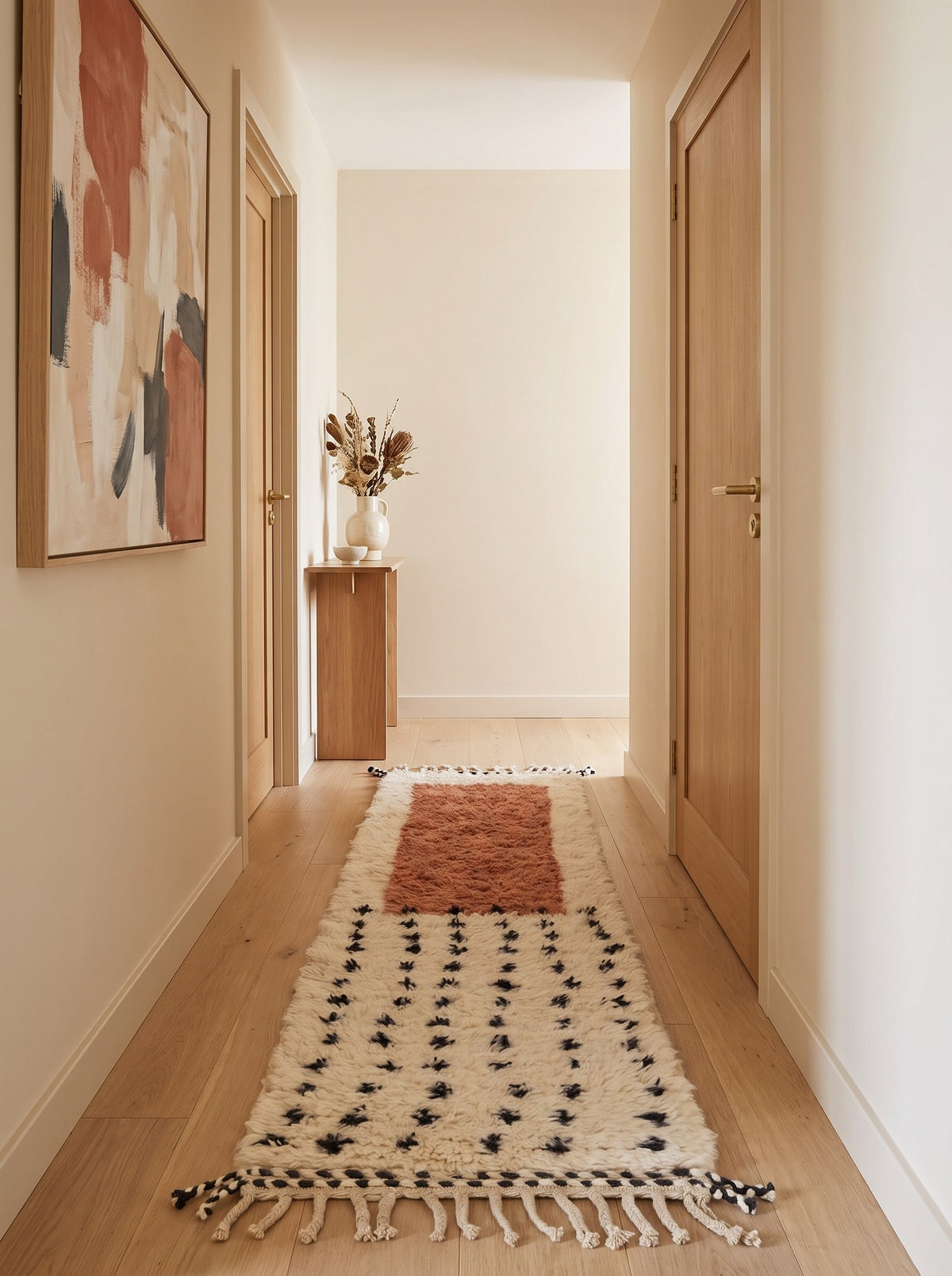 Tapis de couloir berbère graphique blanc et terracotta Adissa dans un troisième couloir, noué main au Maroc