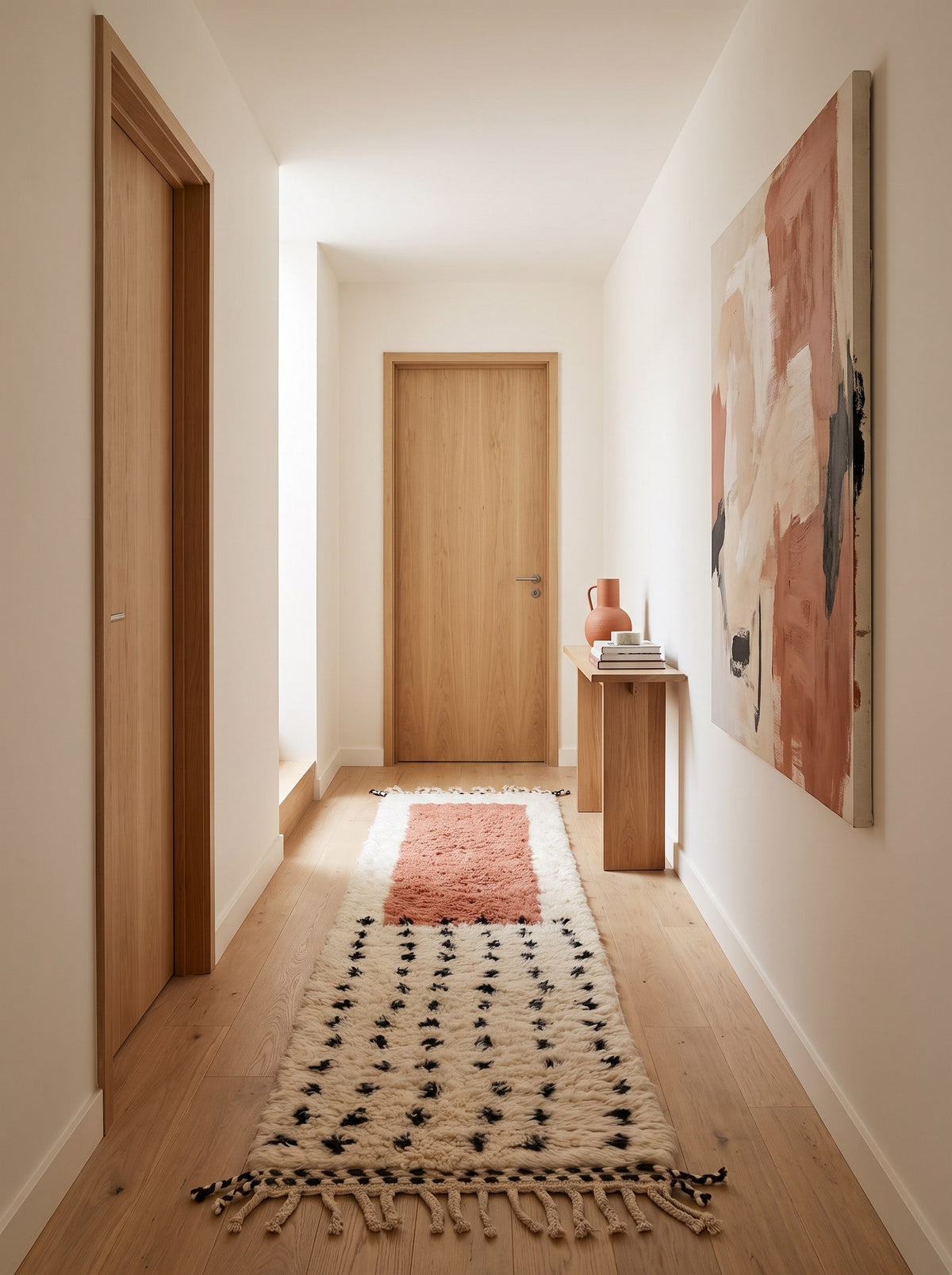 Tapis de couloir berbère graphique blanc et terracotta Adissa dans un couloir, noué main au Maroc